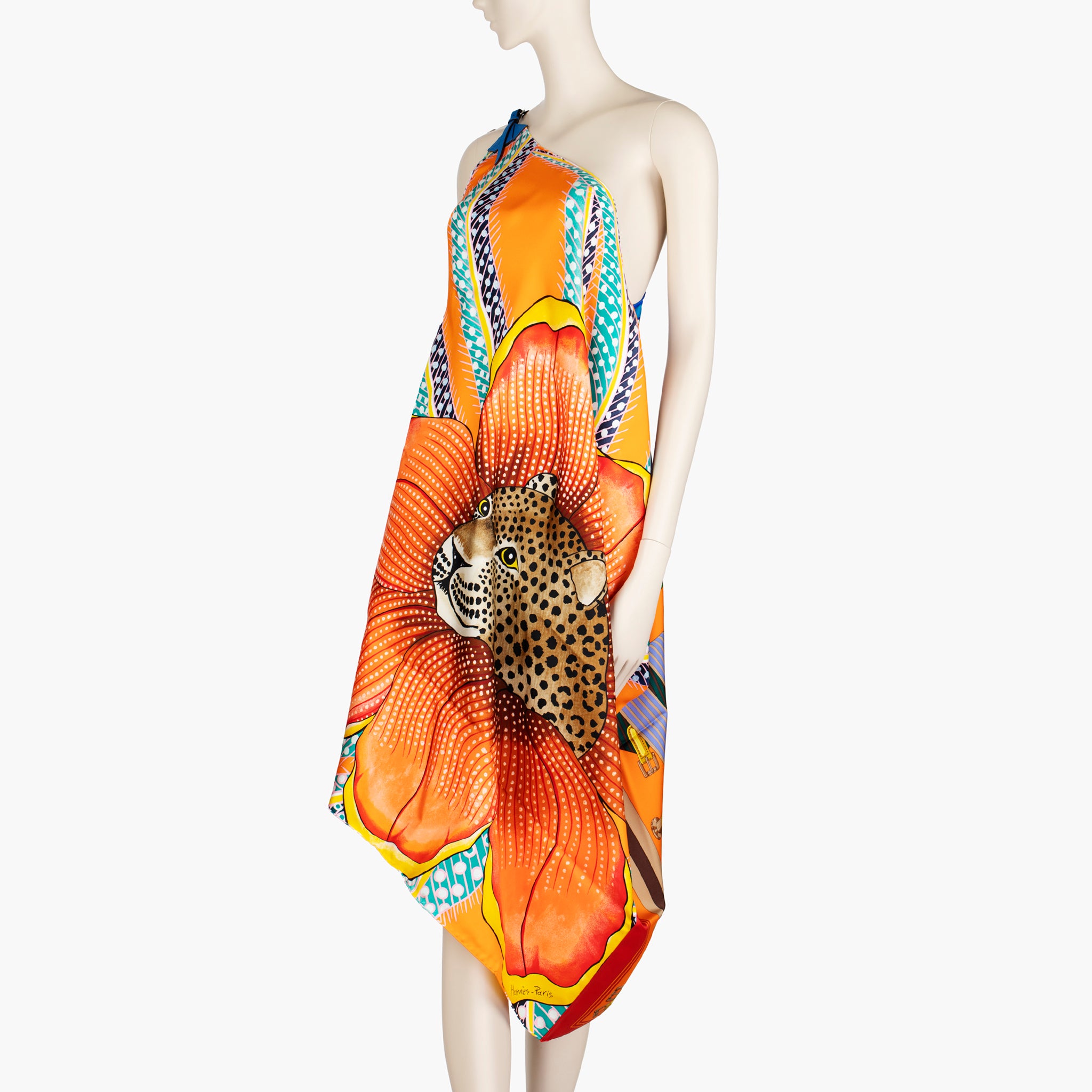 Hermès ‘Jaguar Quetzal’ Silk Scarf Dress – One-Shoulder Pareo with Leather Strap