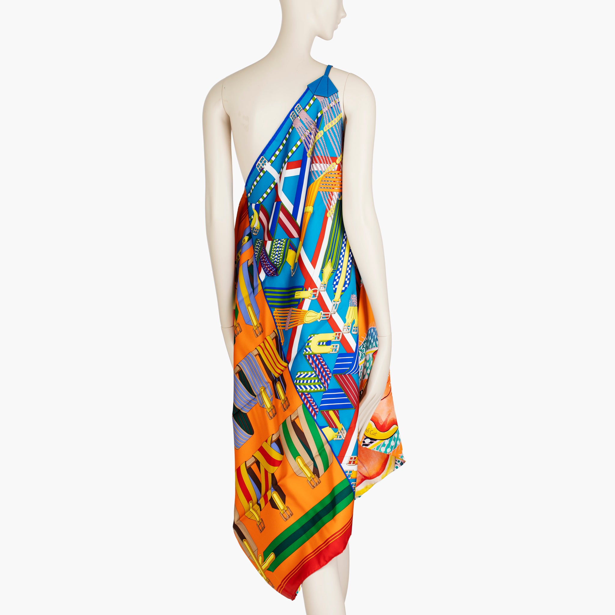 Hermès ‘Jaguar Quetzal’ Silk Scarf Dress – One-Shoulder Pareo with Leather Strap