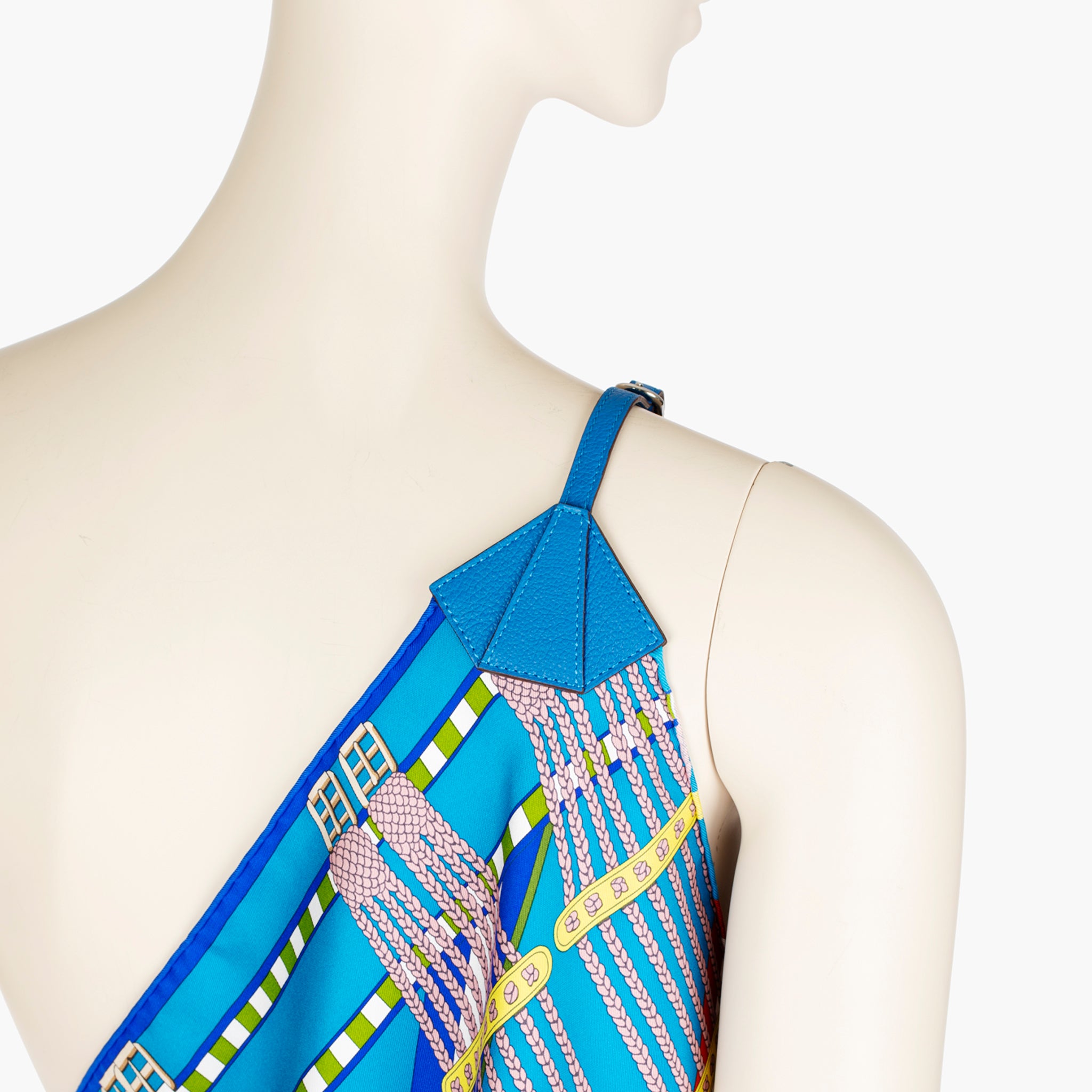 Hermès ‘Jaguar Quetzal’ Silk Scarf Dress – One-Shoulder Pareo with Leather Strap