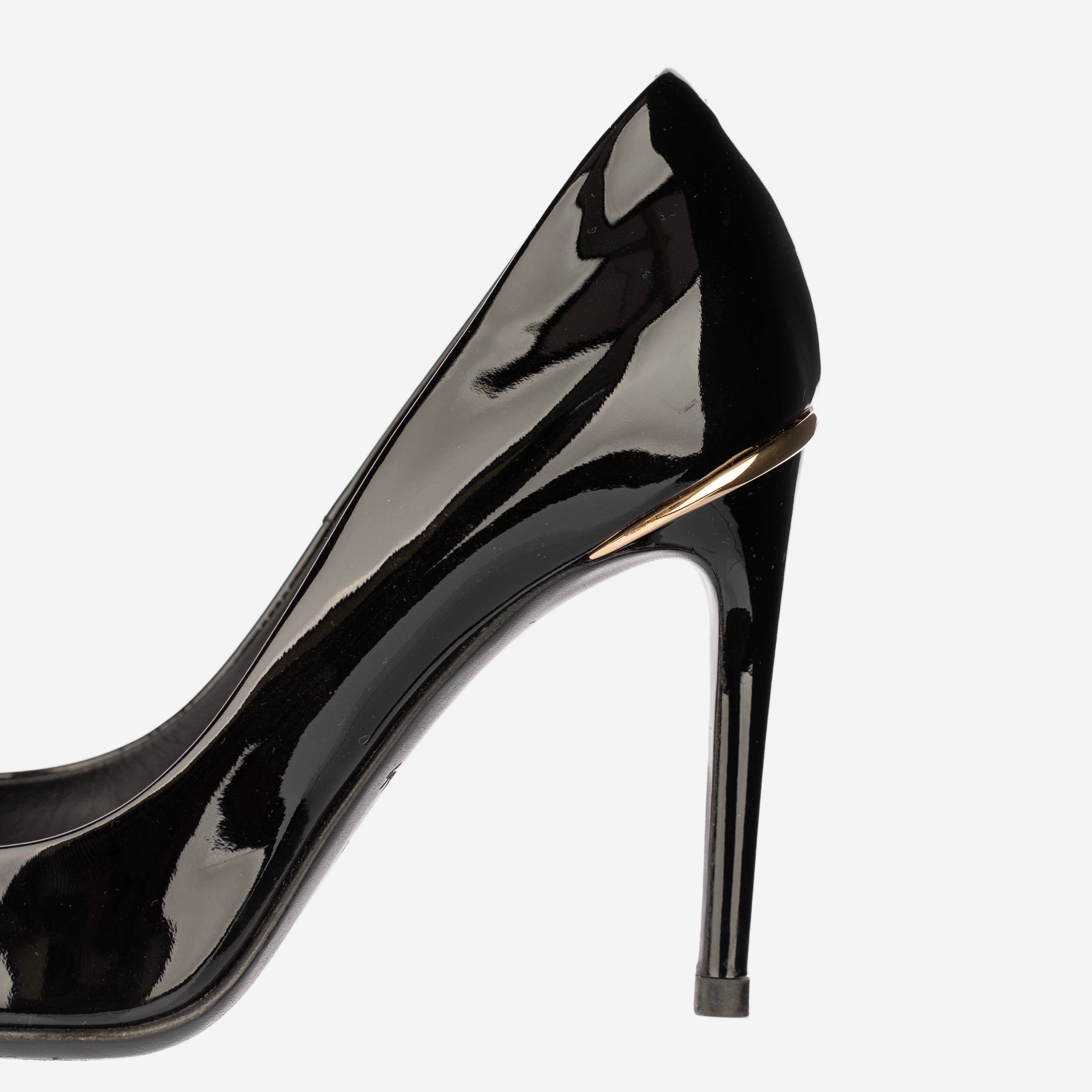 Louis Vuitton Black Patent Leather Stiletto Heels with Gold Trim Detail - Size | 37.5 FR
