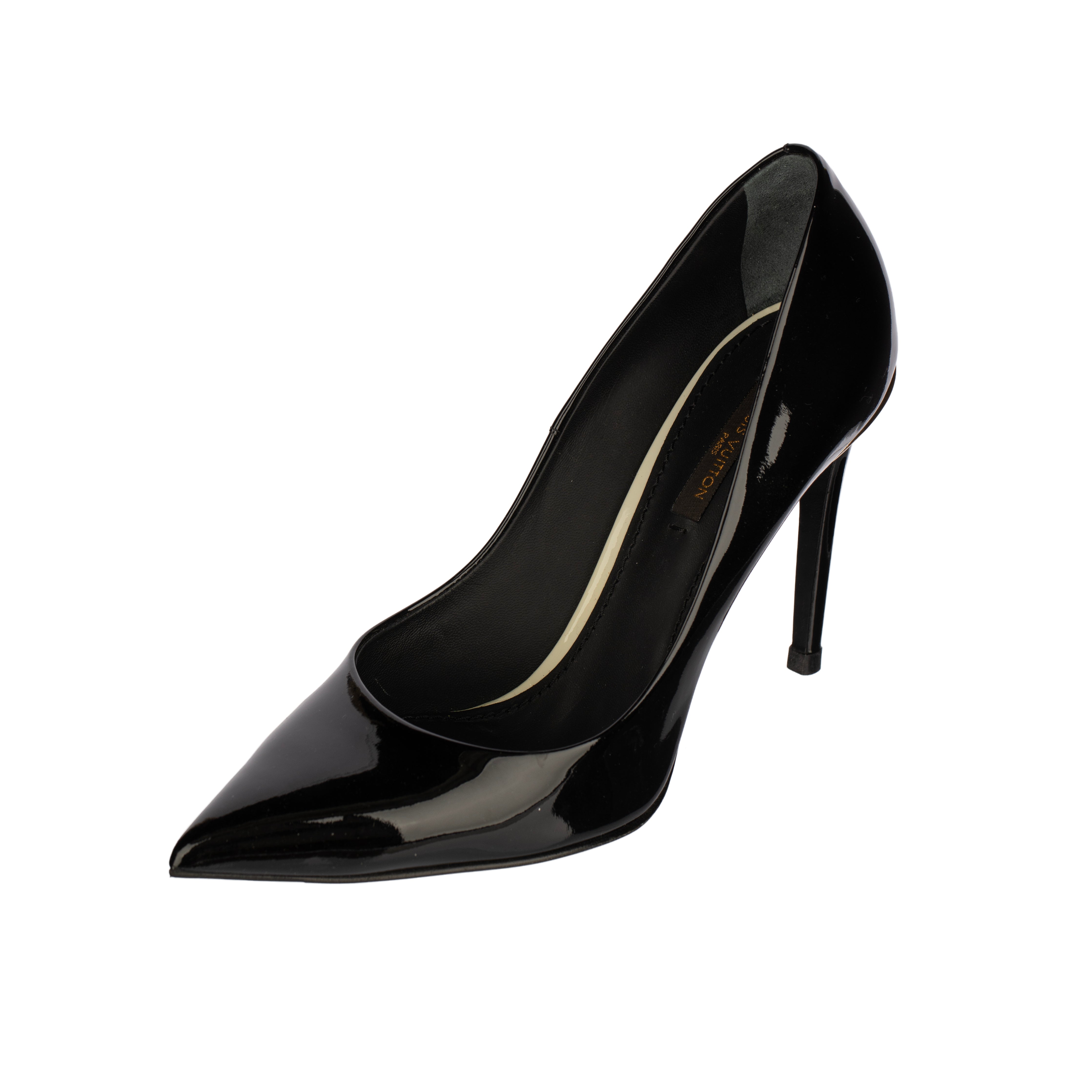 Louis Vuitton Black Patent Leather Stiletto Heels with Gold Trim Detail - Size | 37.5 FR