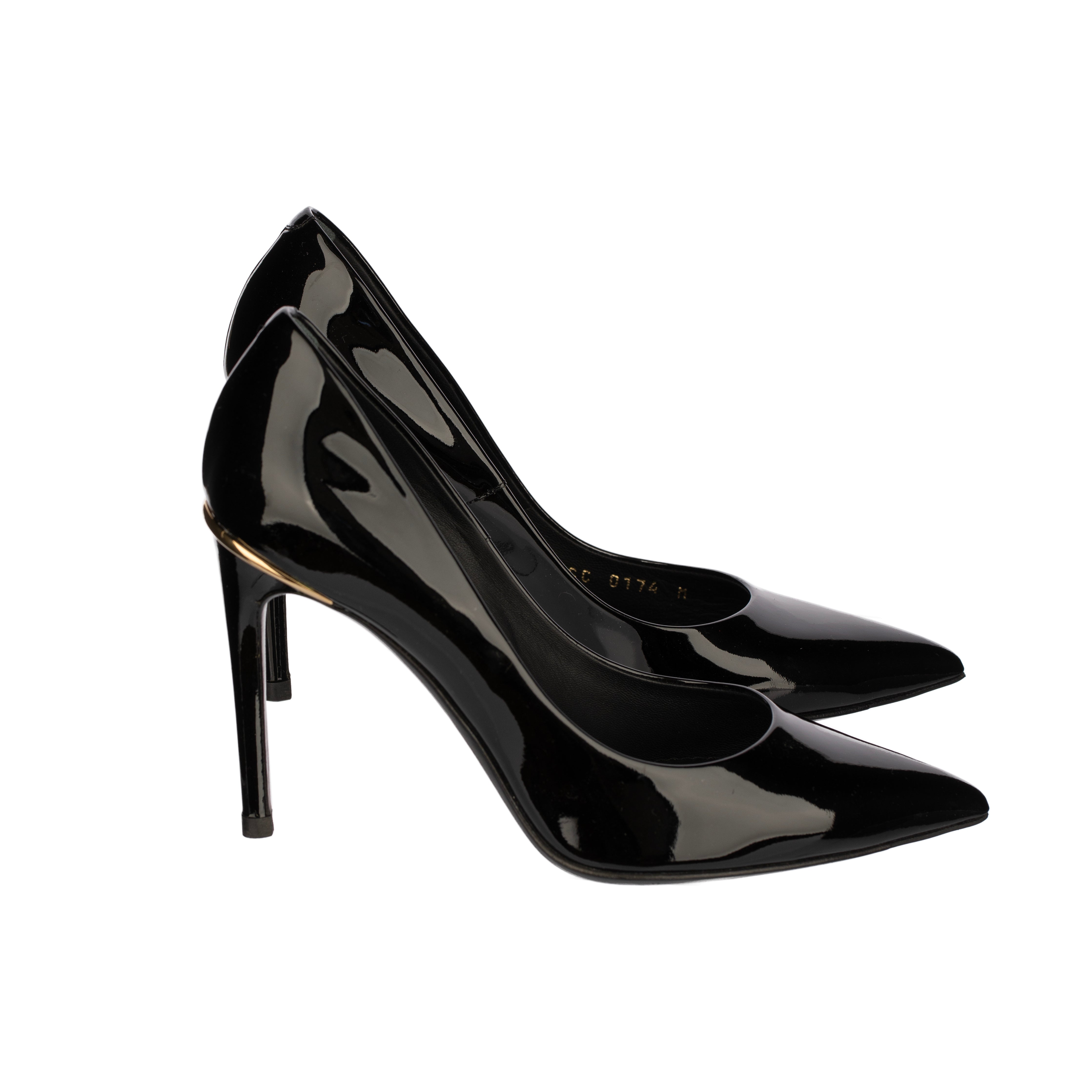 Louis Vuitton Black Patent Leather Stiletto Heels with Gold Trim Detail - Size | 37.5 FR