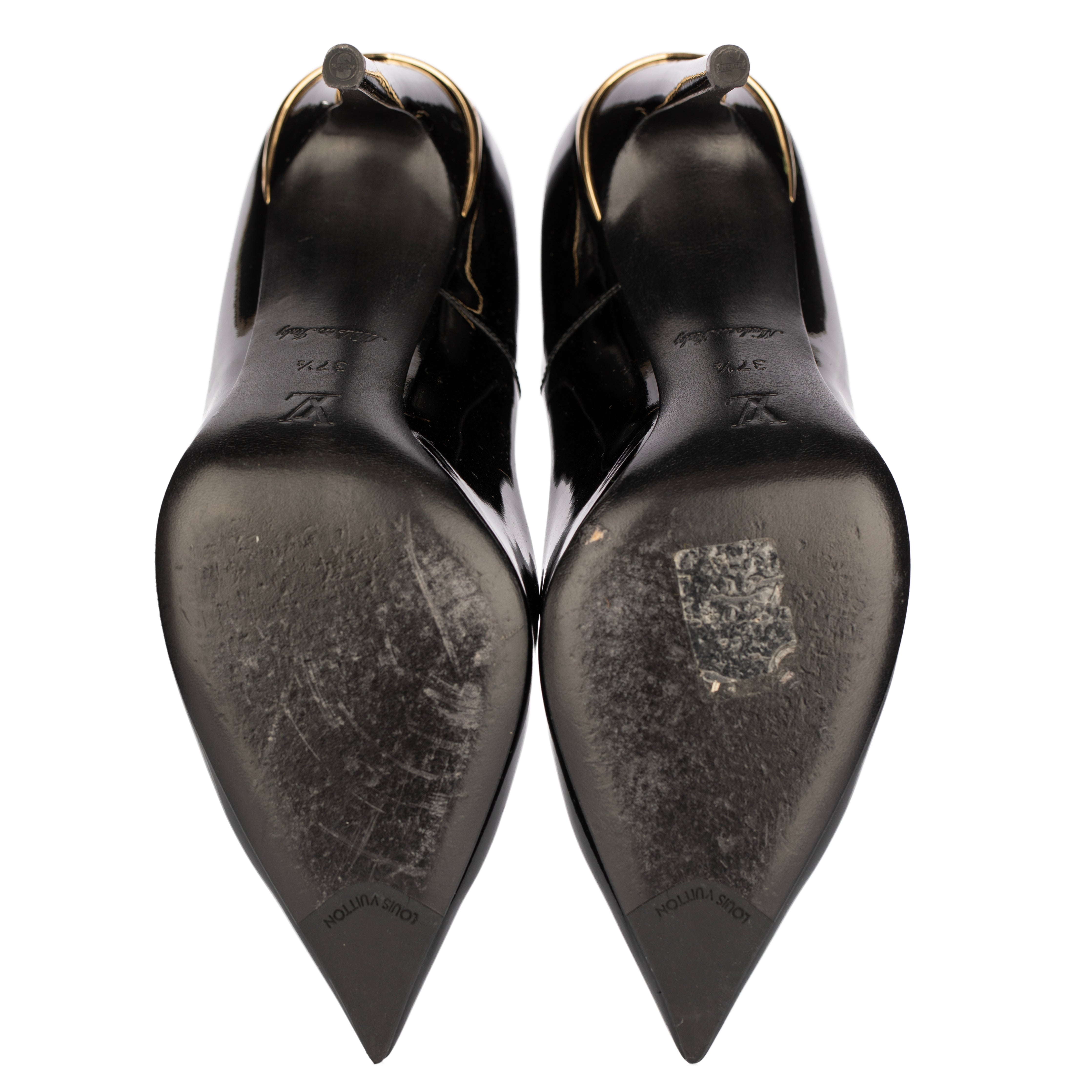 Louis Vuitton Black Patent Leather Stiletto Heels with Gold Trim Detail - Size | 37.5 FR