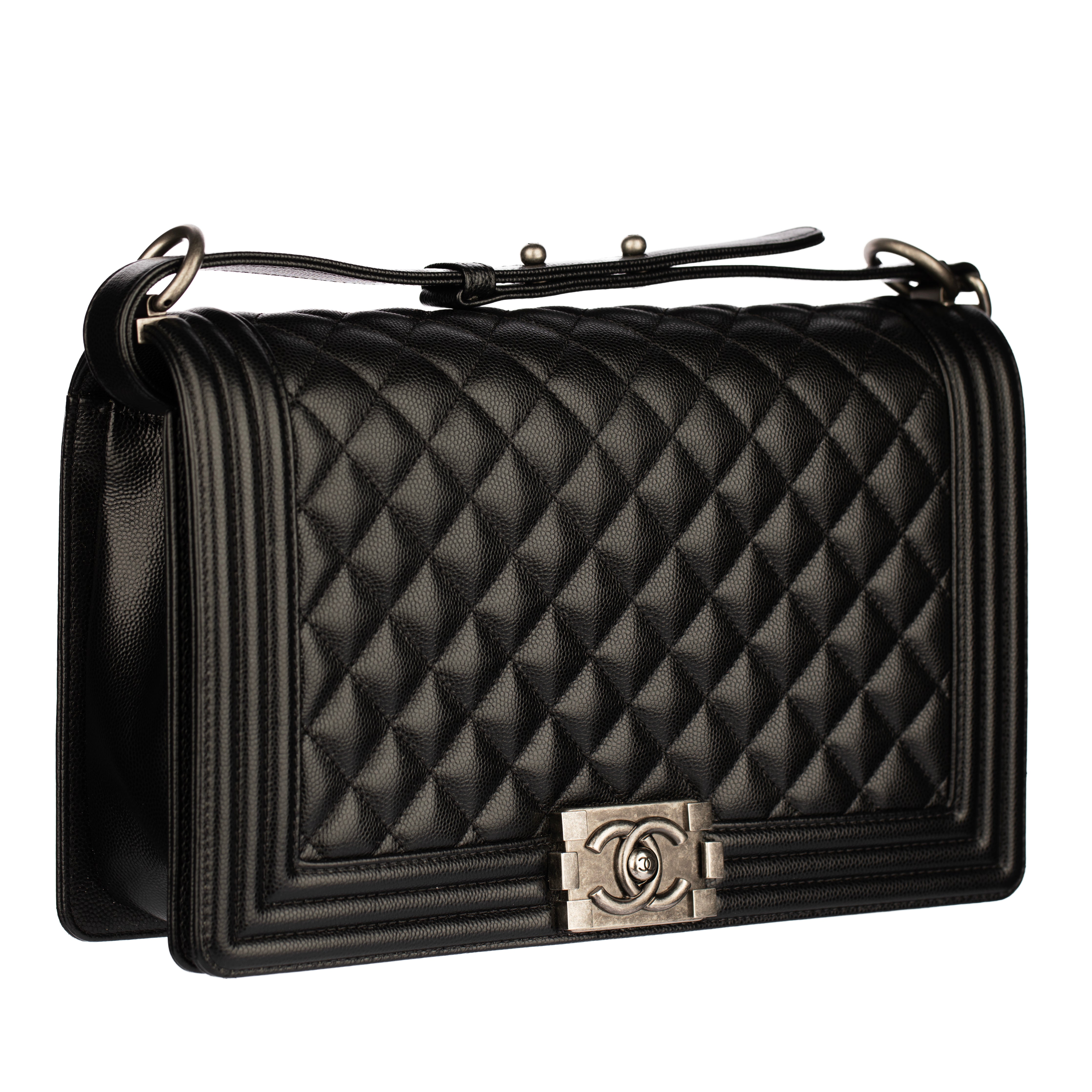 Chanel Boy Bag in Quilted Black Caviar Leather with Aged Silver Hardware