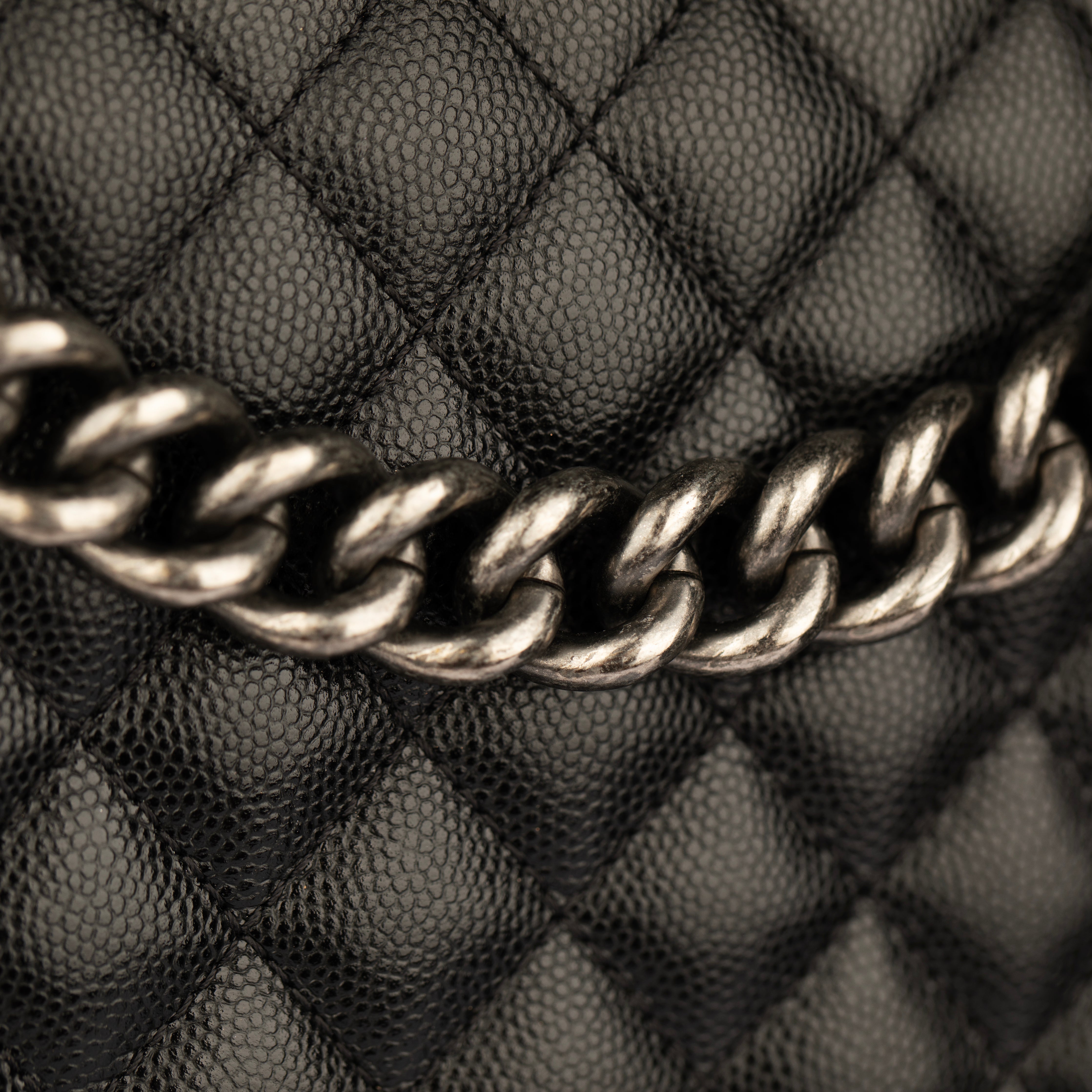 Chanel Boy Bag in Quilted Black Caviar Leather with Aged Silver Hardware