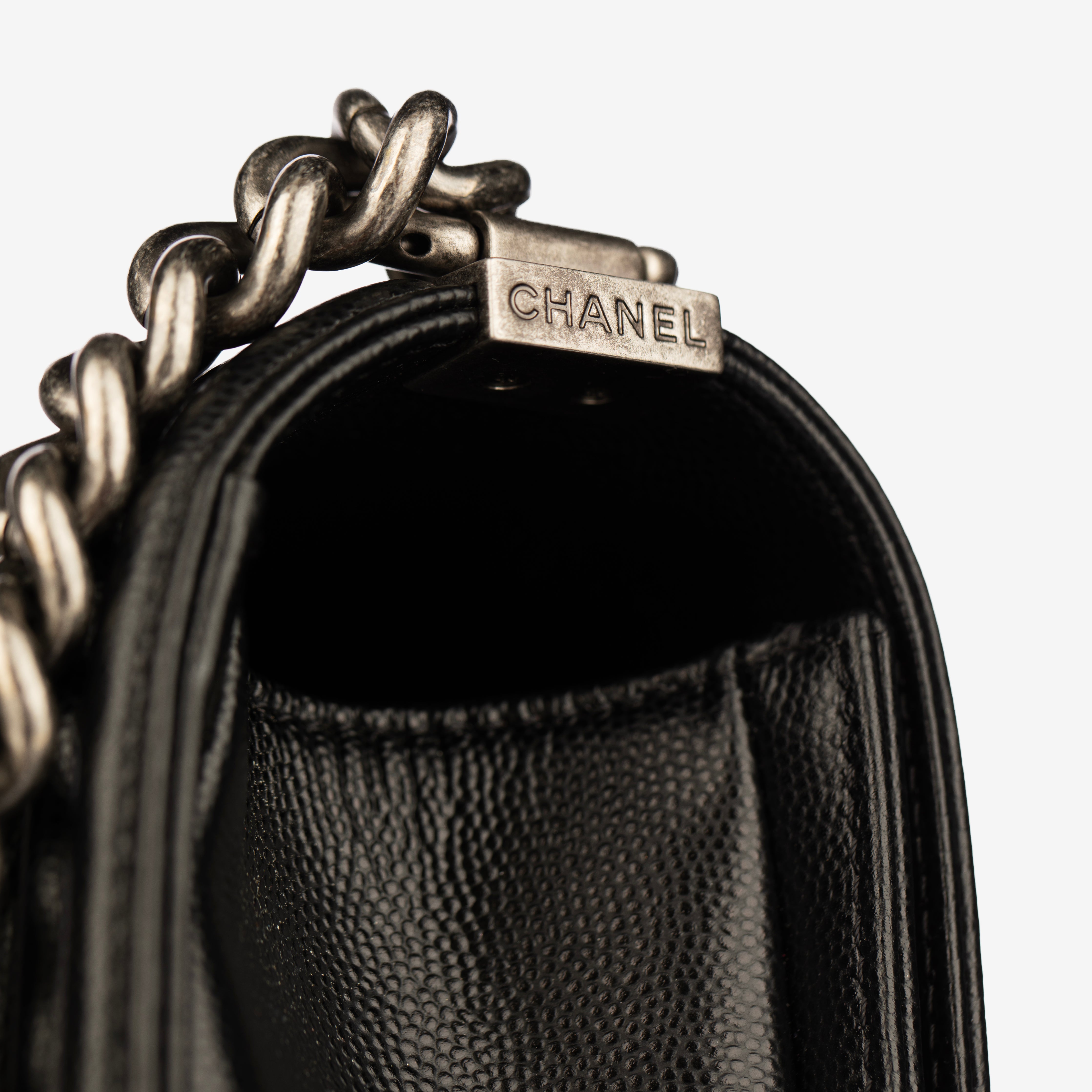 Chanel Boy Bag in Quilted Black Caviar Leather with Aged Silver Hardware