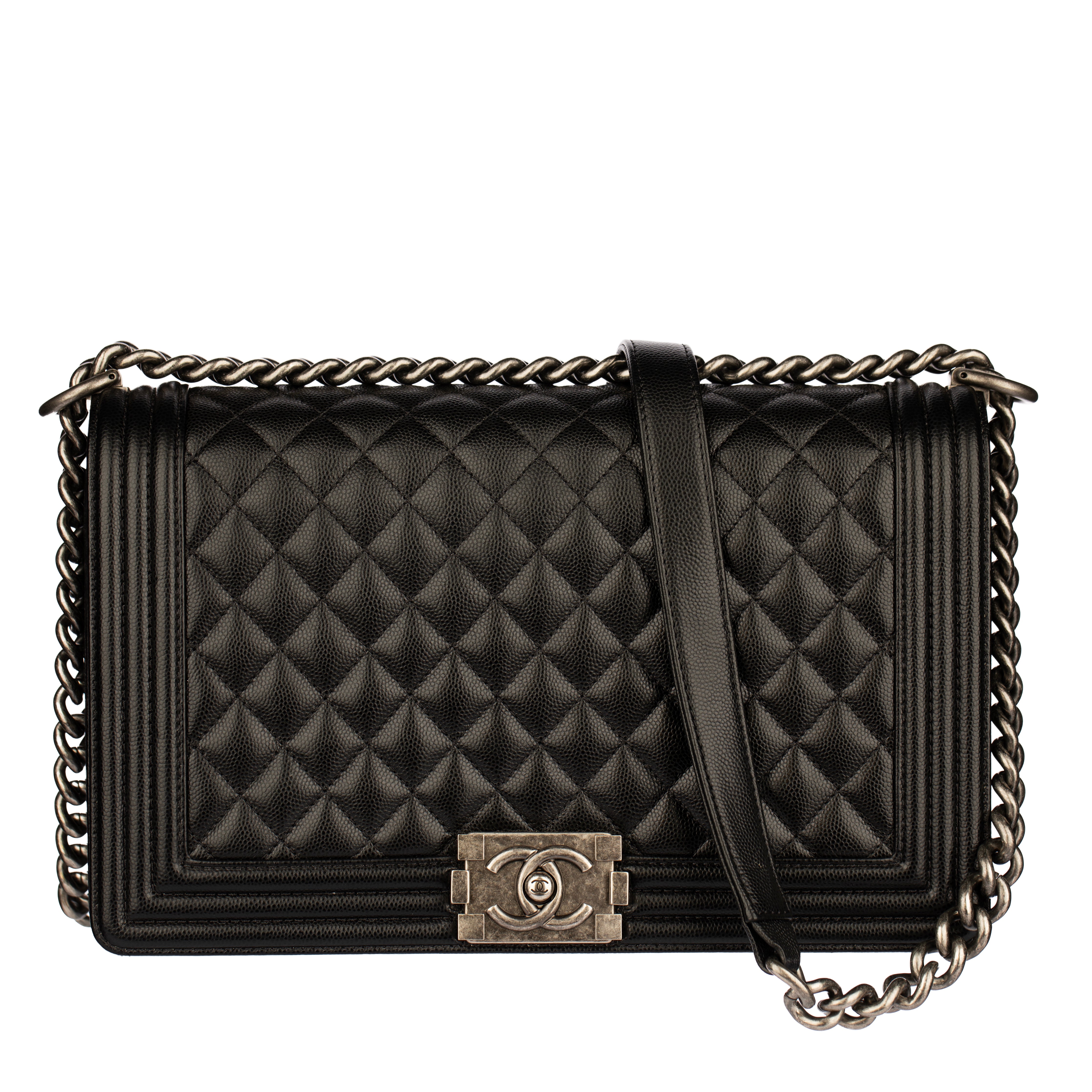 Chanel Boy Bag in Quilted Black Caviar Leather with Aged Silver Hardware