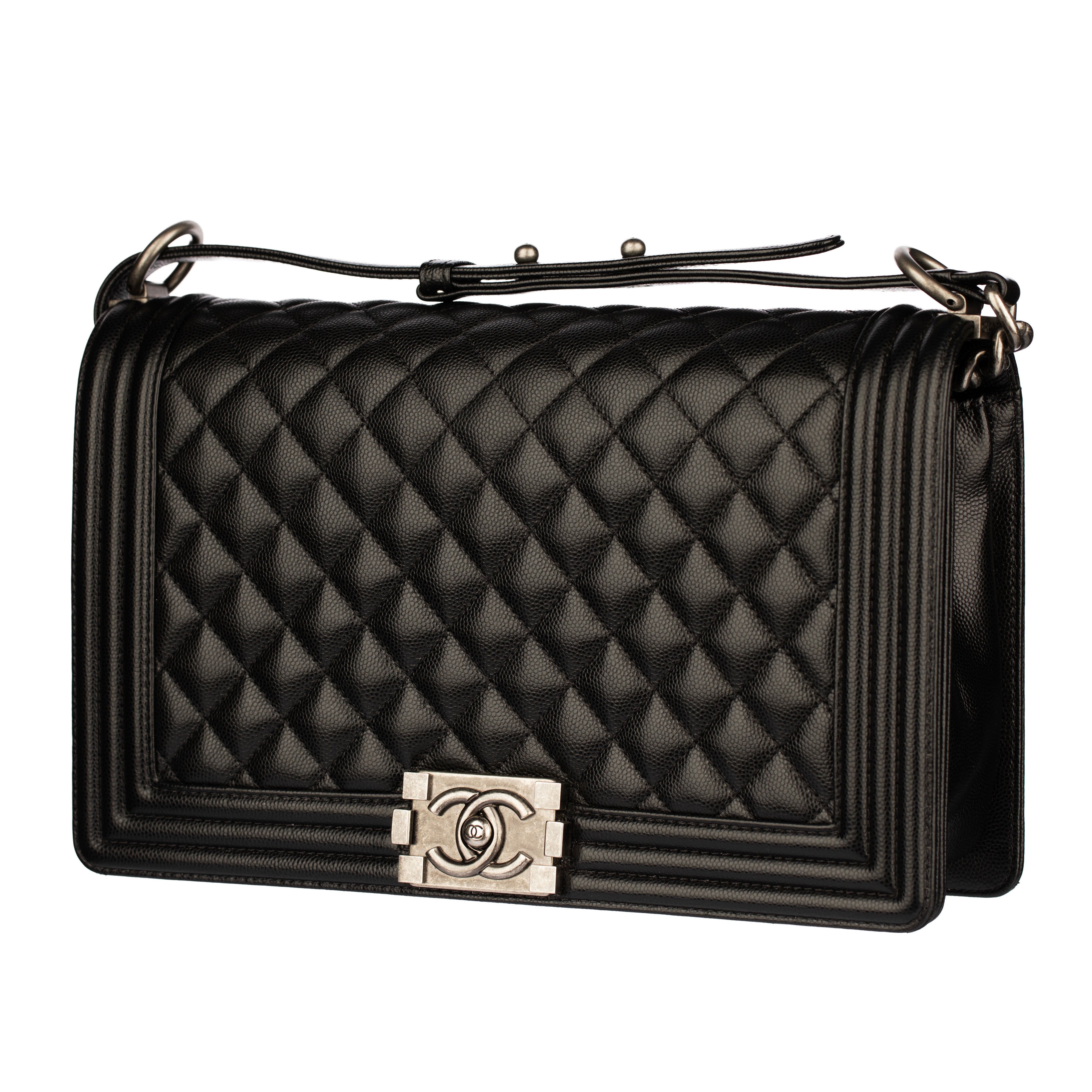Chanel Boy Bag in Quilted Black Caviar Leather with Aged Silver Hardware