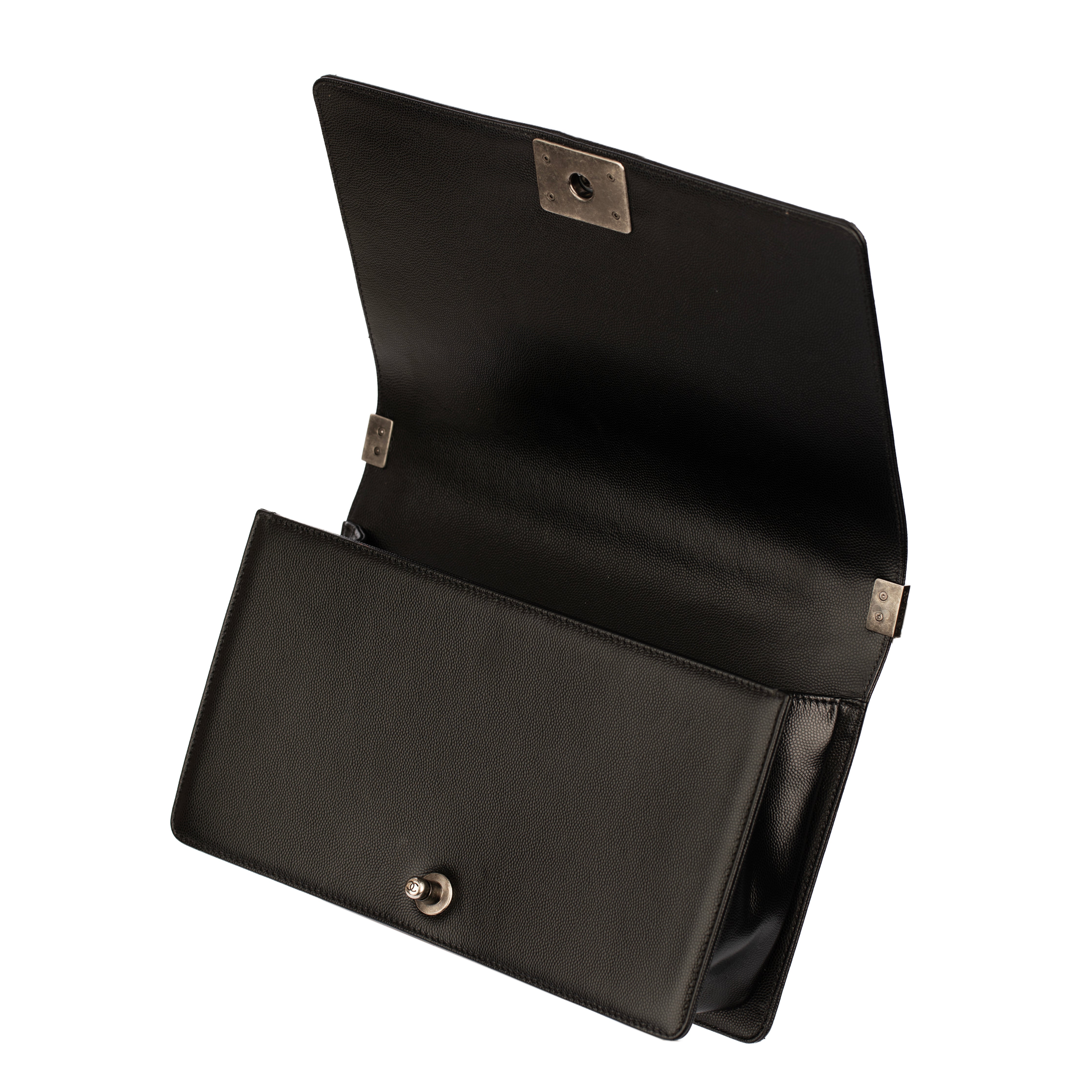 Chanel Boy Bag in Quilted Black Caviar Leather with Aged Silver Hardware