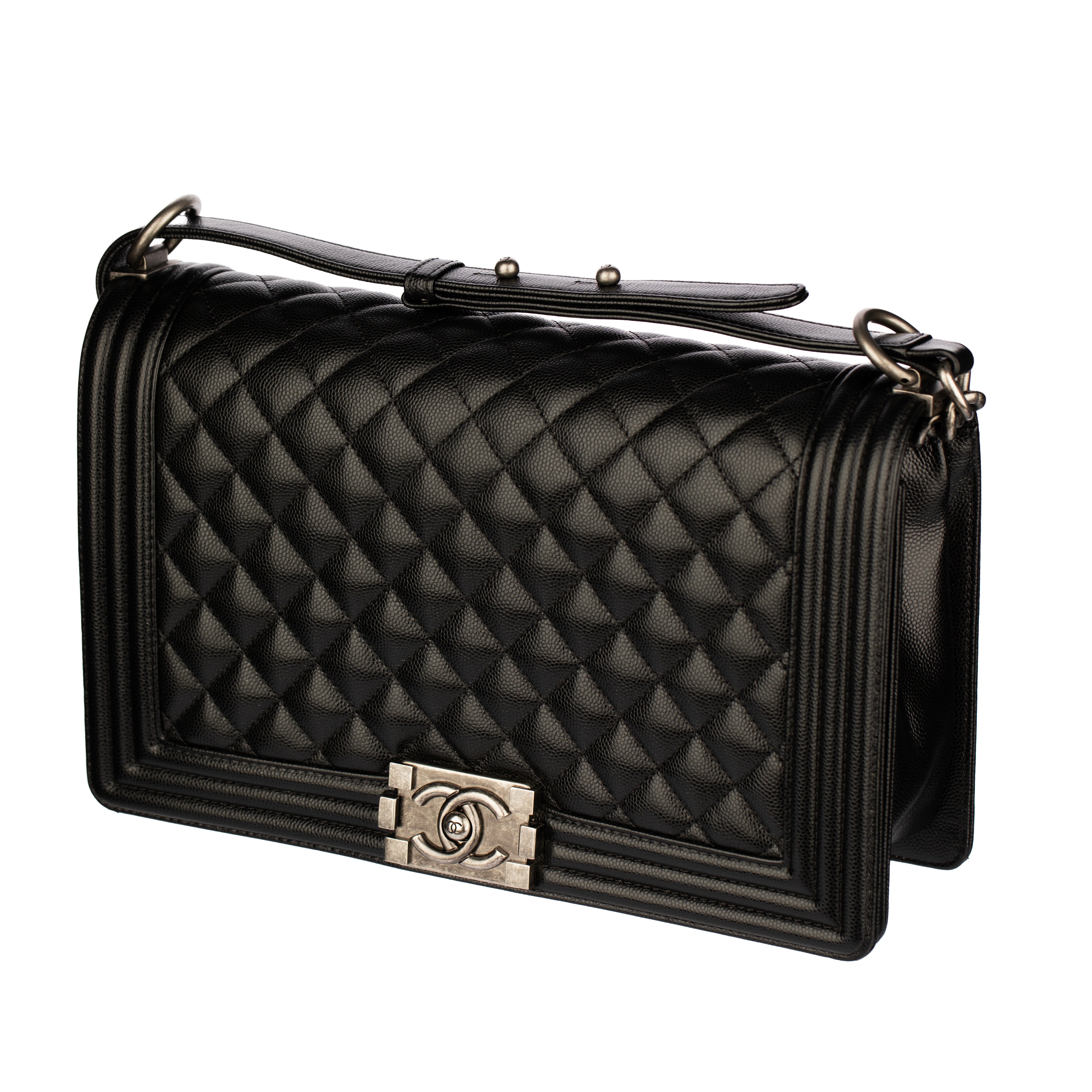 Chanel Boy Bag in Quilted Black Caviar Leather with Aged Silver Hardware