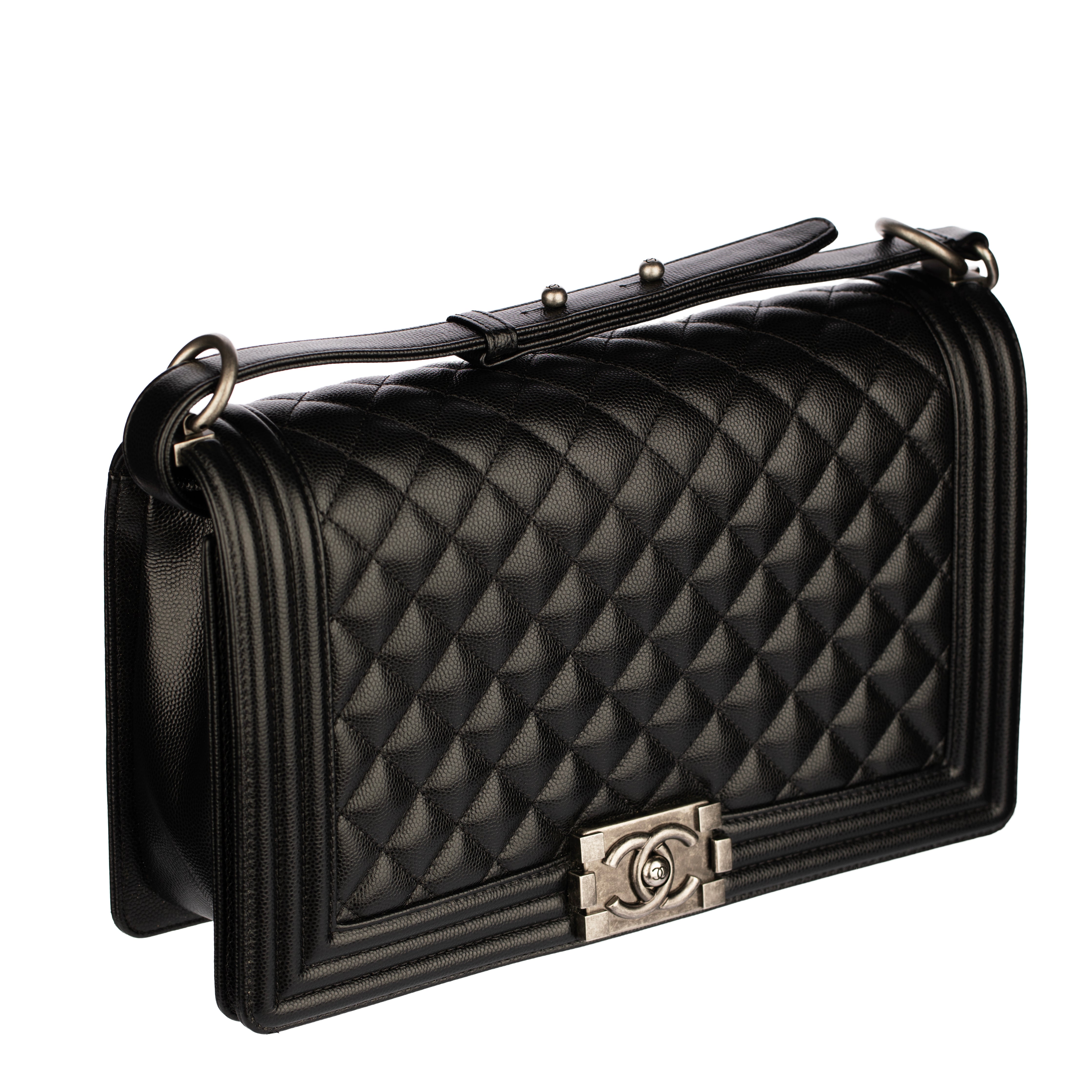 Chanel Boy Bag in Quilted Black Caviar Leather with Aged Silver Hardware