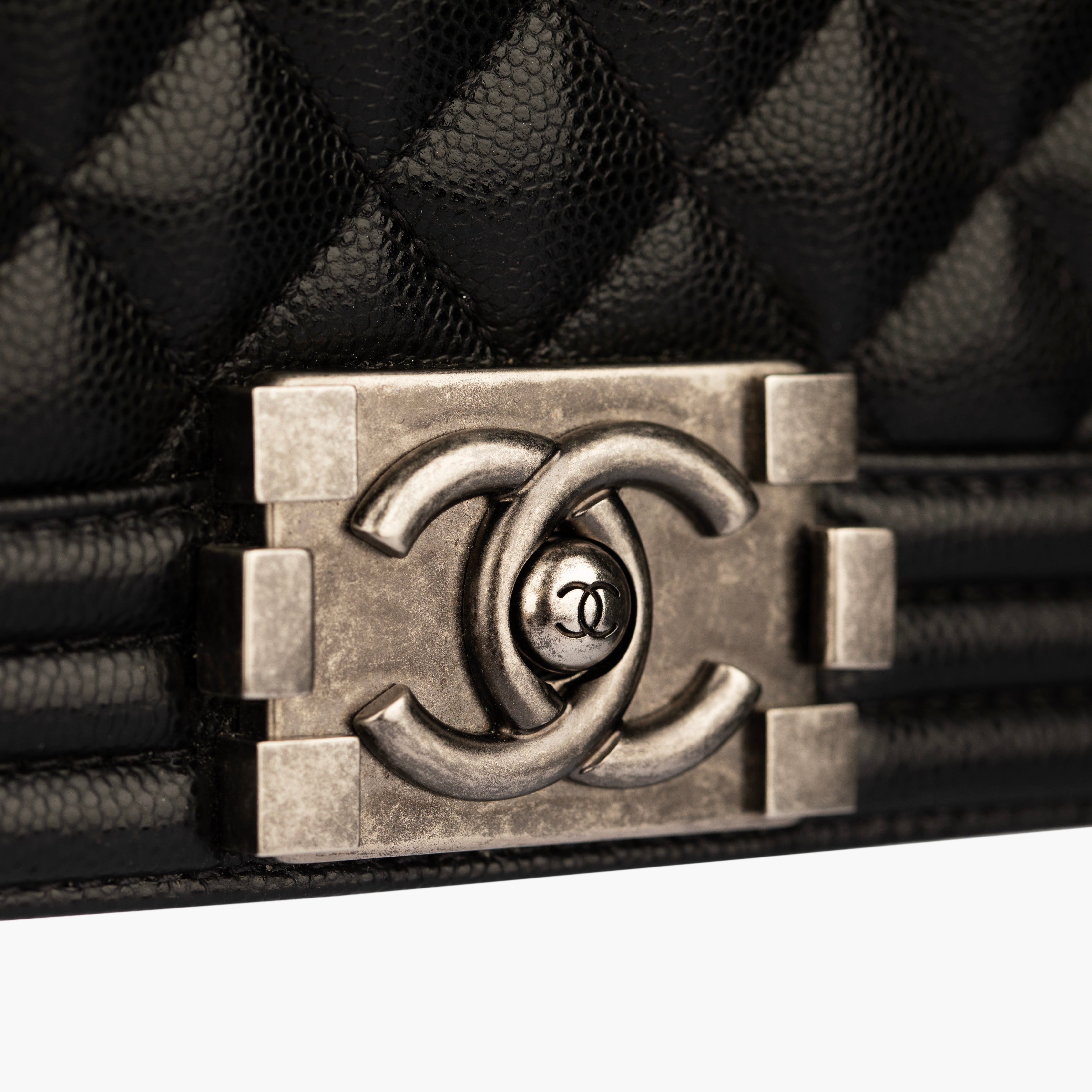 Chanel Boy Bag in Quilted Black Caviar Leather with Aged Silver Hardware