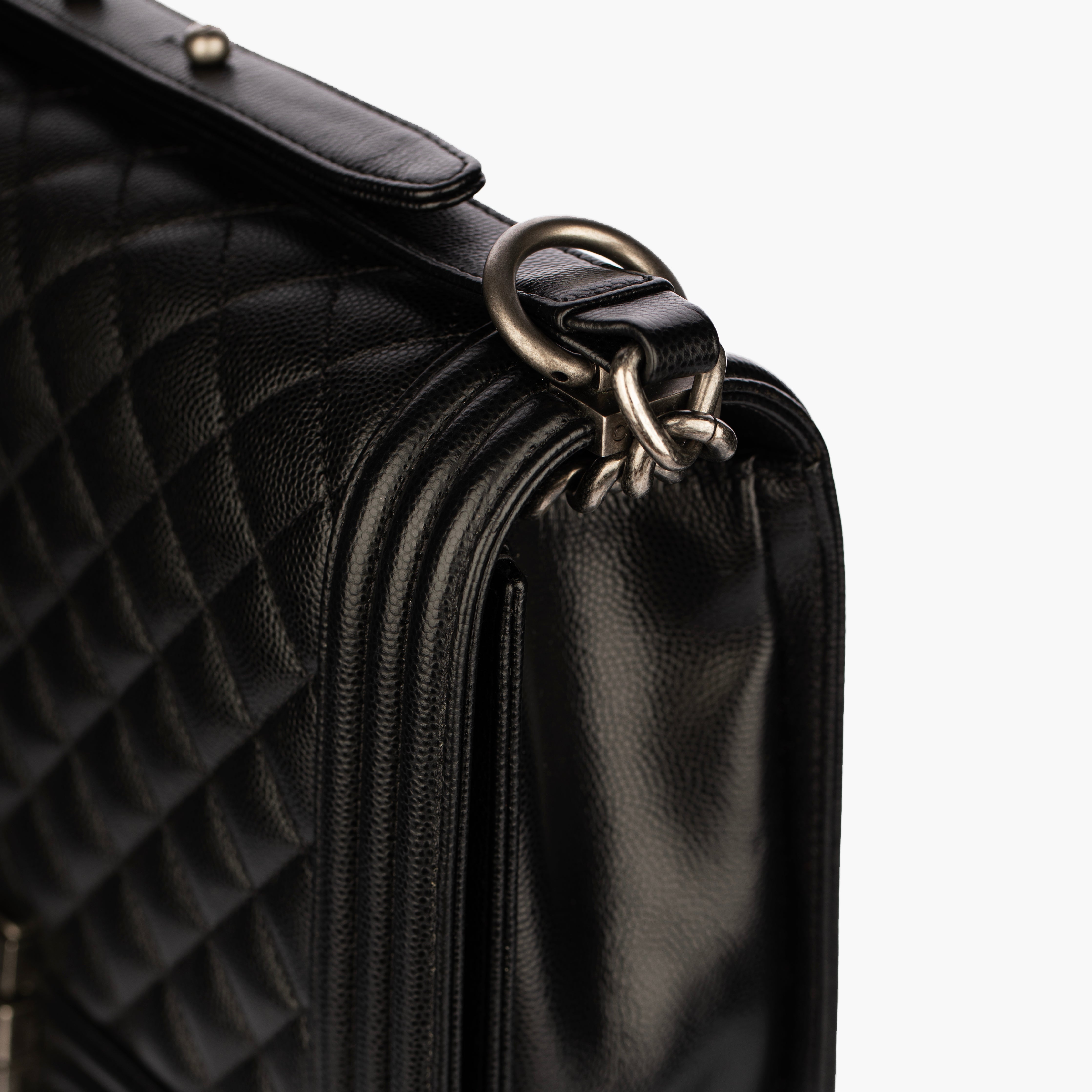 Chanel Boy Bag in Quilted Black Caviar Leather with Aged Silver Hardware