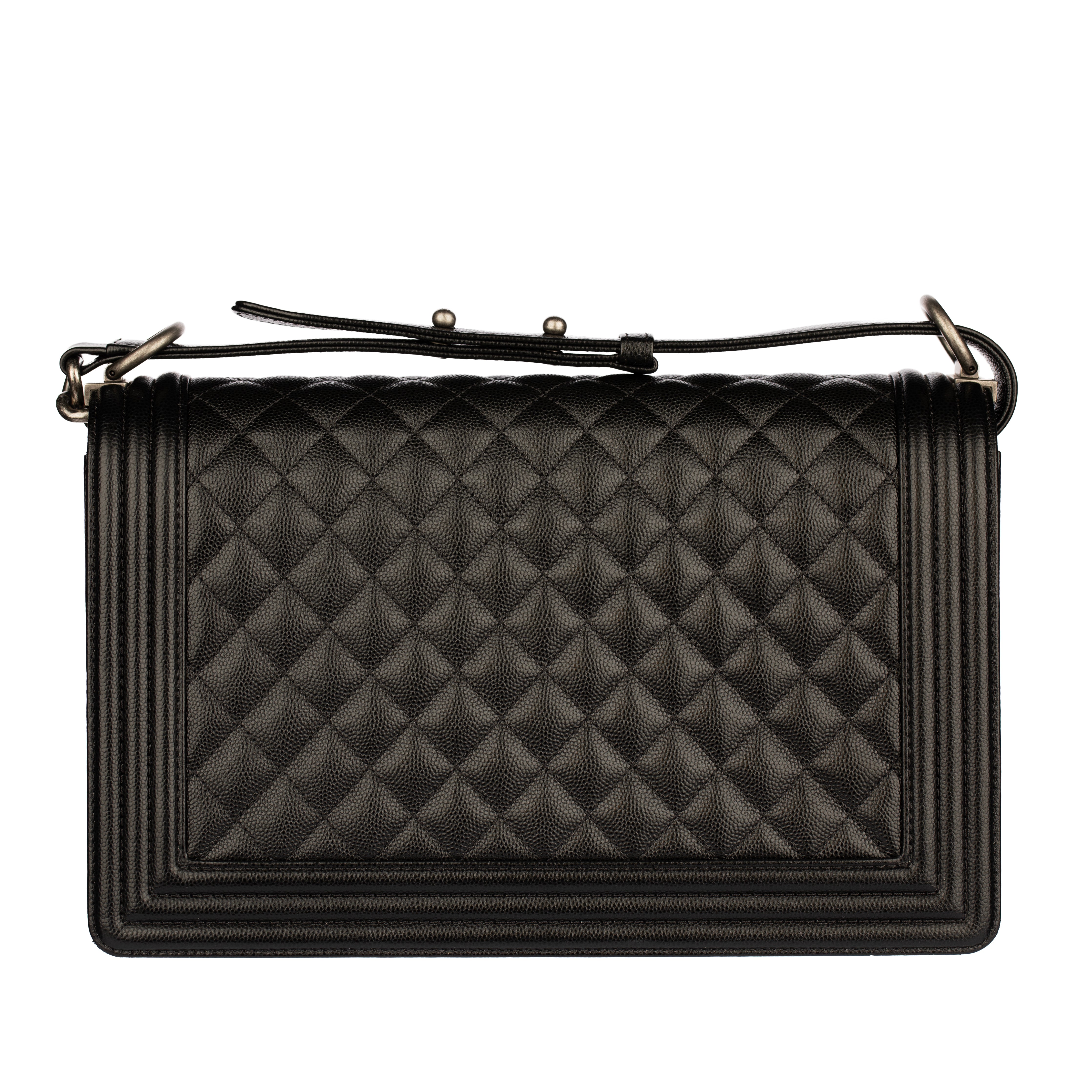 Chanel Boy Bag in Quilted Black Caviar Leather with Aged Silver Hardware