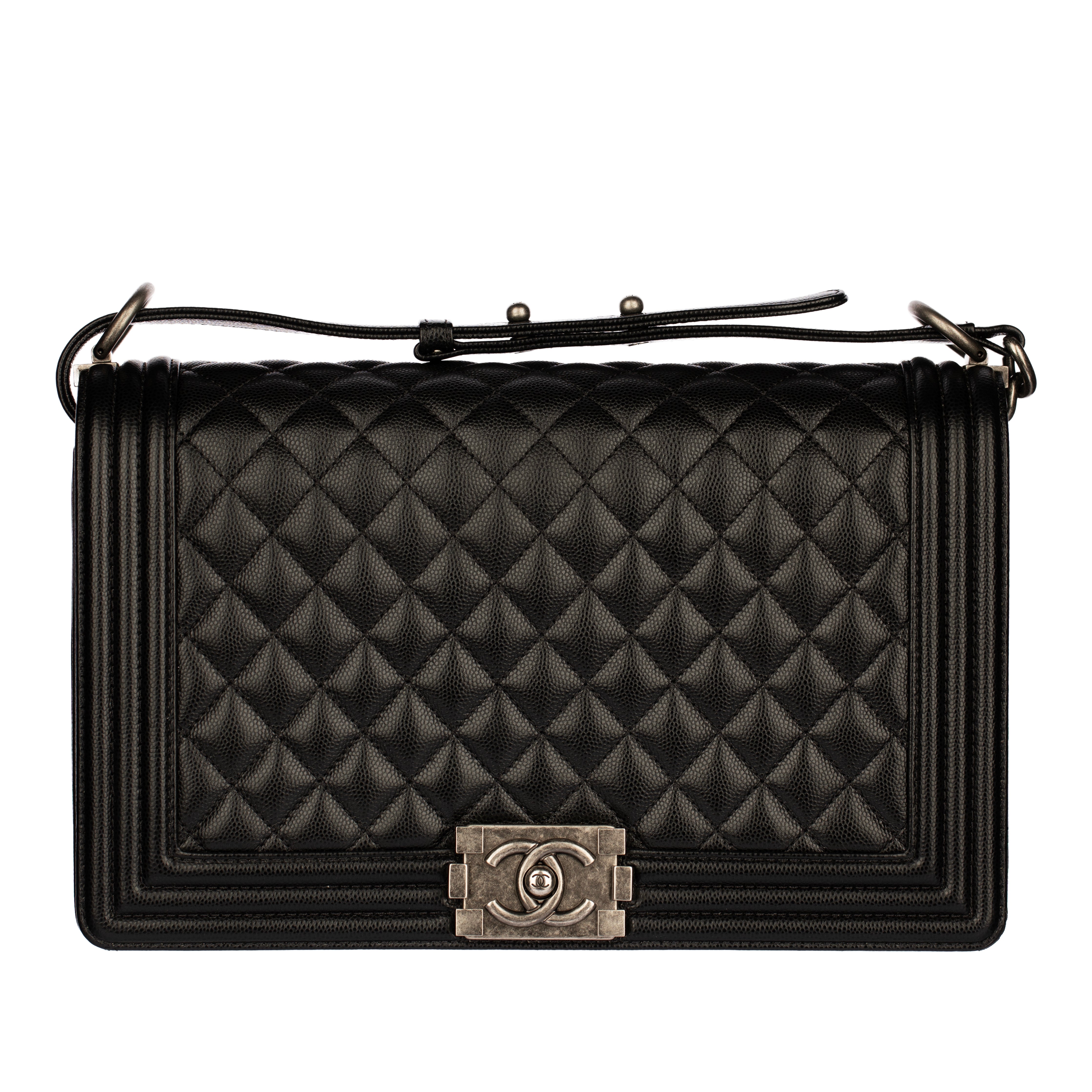 Chanel Boy Bag in Quilted Black Caviar Leather with Aged Silver Hardware