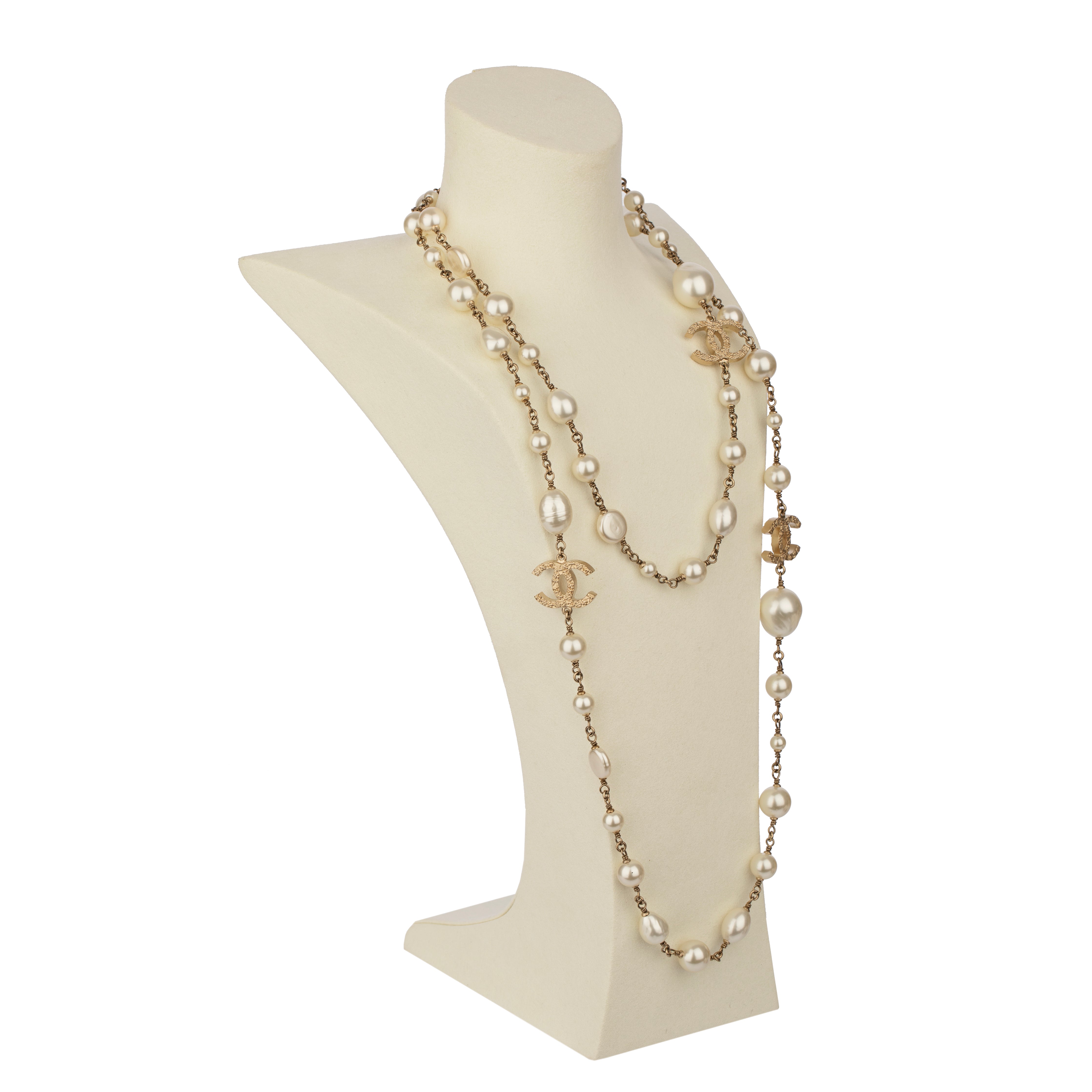 Chanel Faux Pearl 124cm Necklace with Gold Tone CC Charm