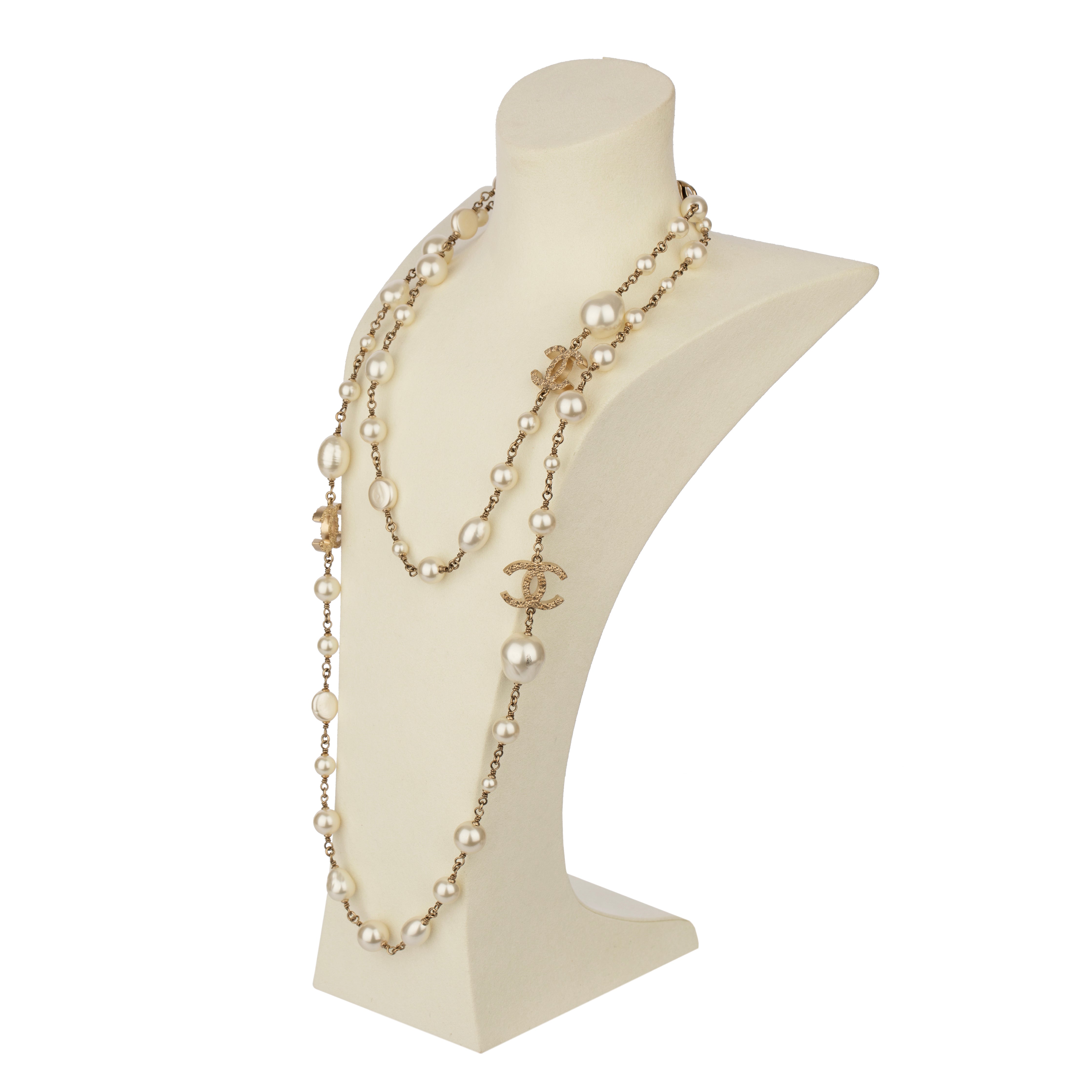 Chanel Faux Pearl 124cm Necklace with Gold Tone CC Charm