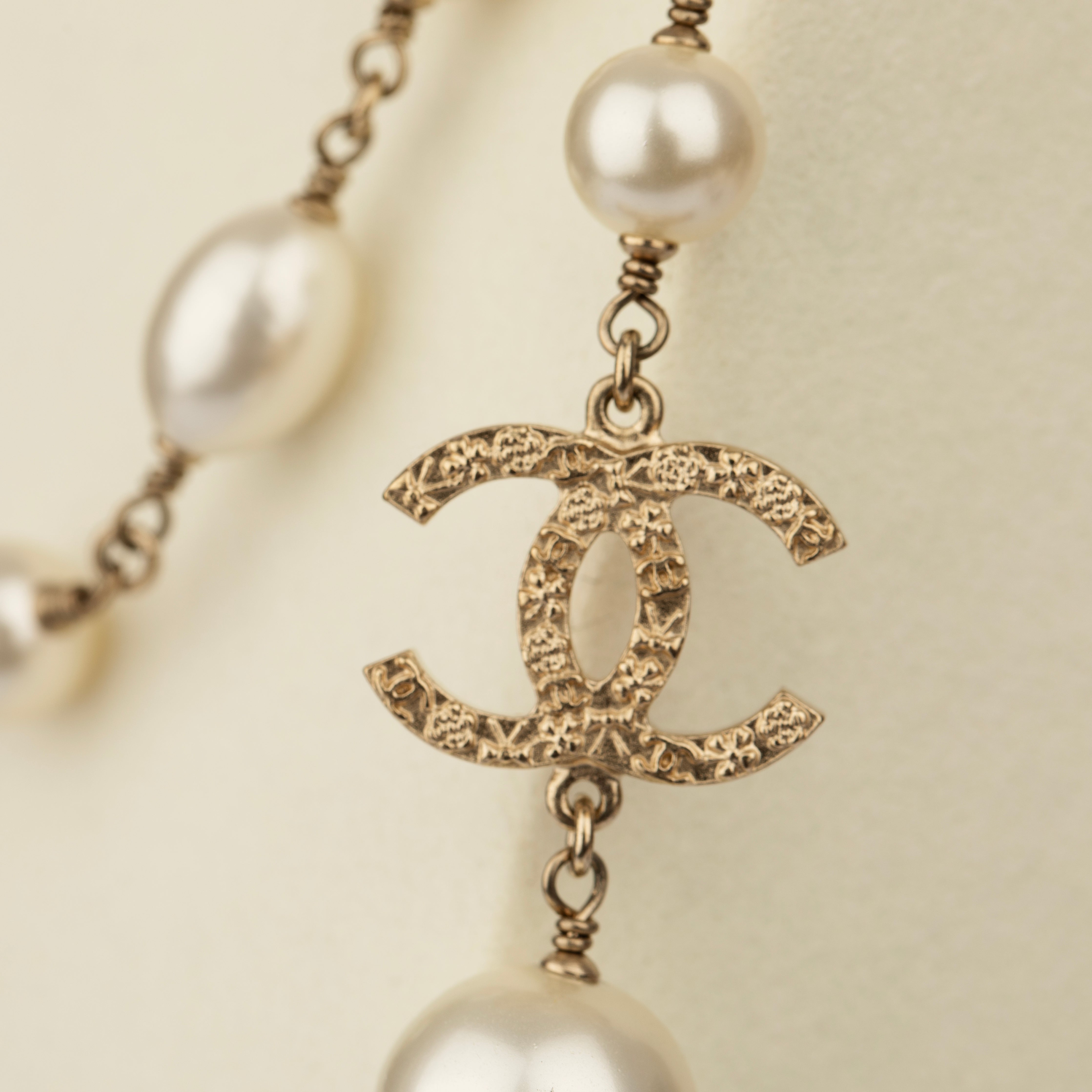 Chanel Faux Pearl 124cm Necklace with Gold Tone CC Charm