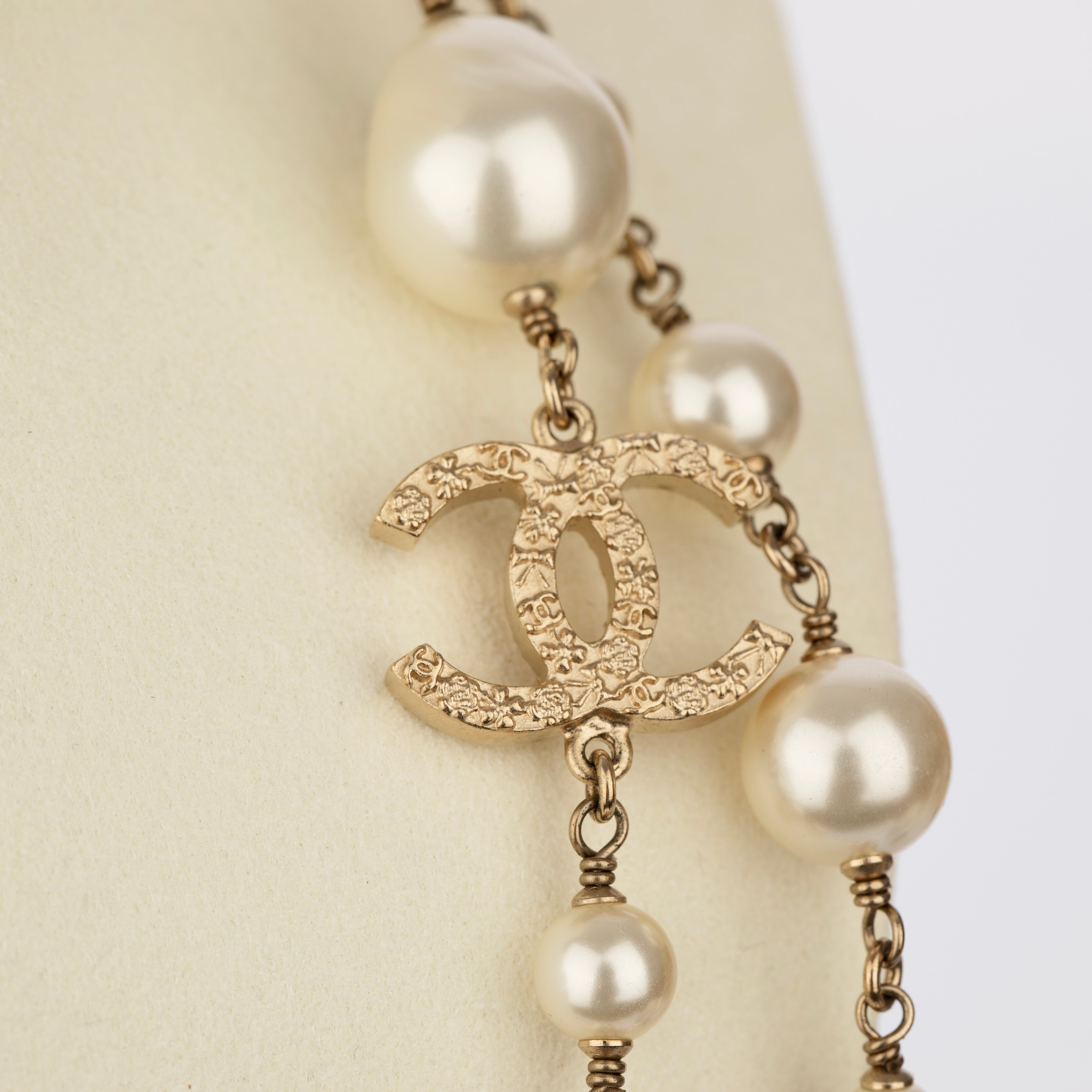 Chanel Faux Pearl 124cm Necklace with Gold Tone CC Charm