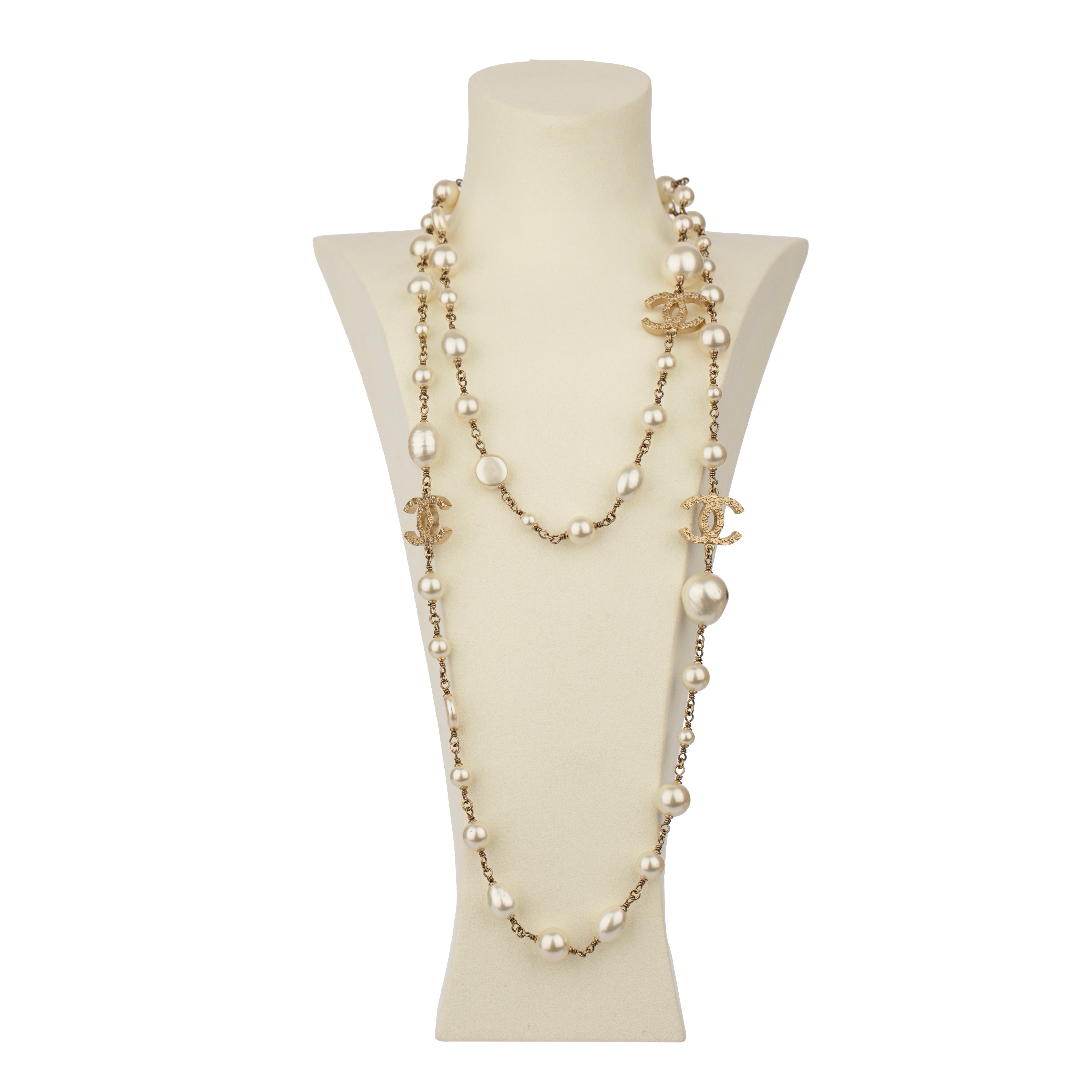 Chanel Faux Pearl 124cm Necklace with Gold Tone CC Charm