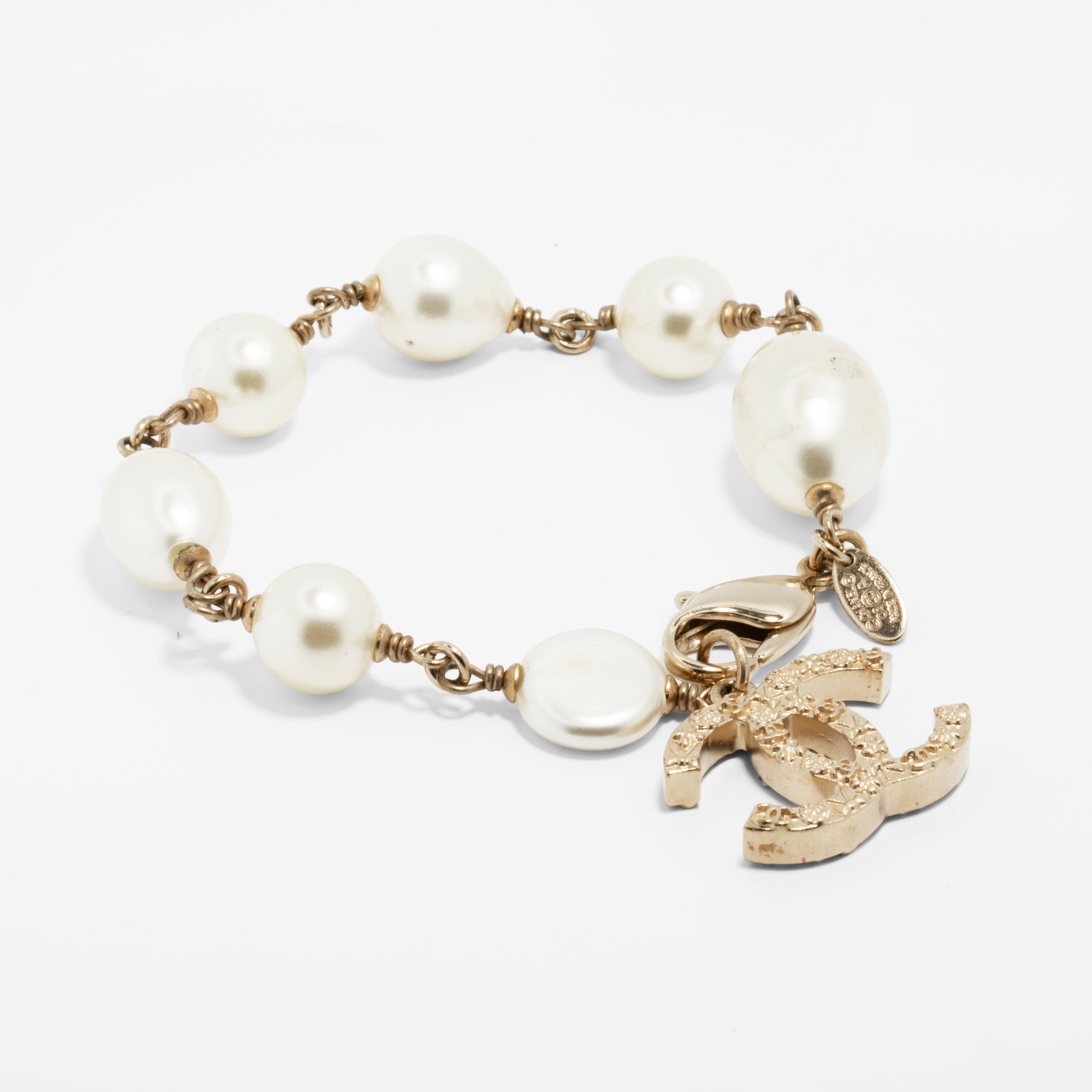 Chanel Faux Pearl Bracelet with Gold Tone CC Charm