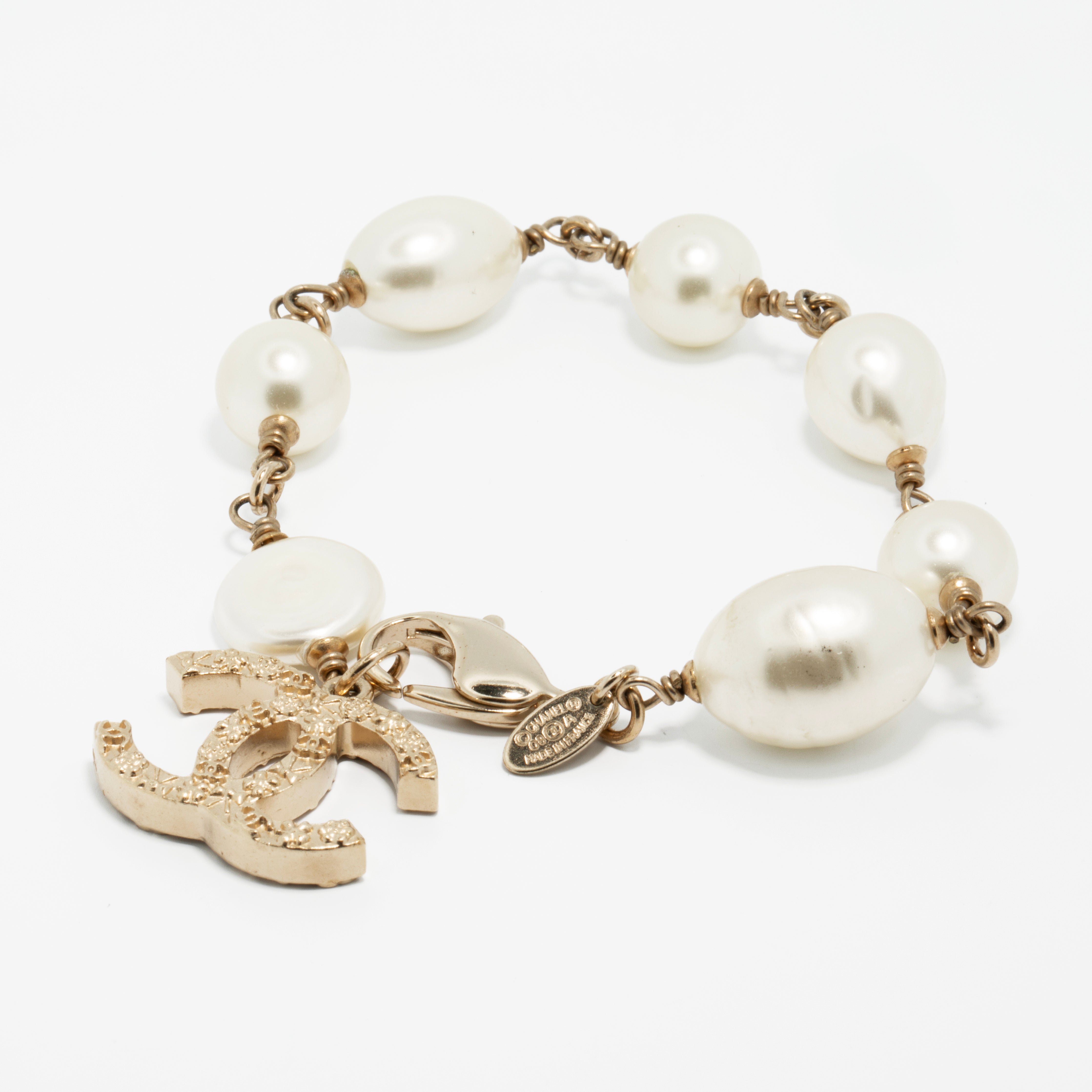 Chanel Faux Pearl Bracelet with Gold Tone CC Charm