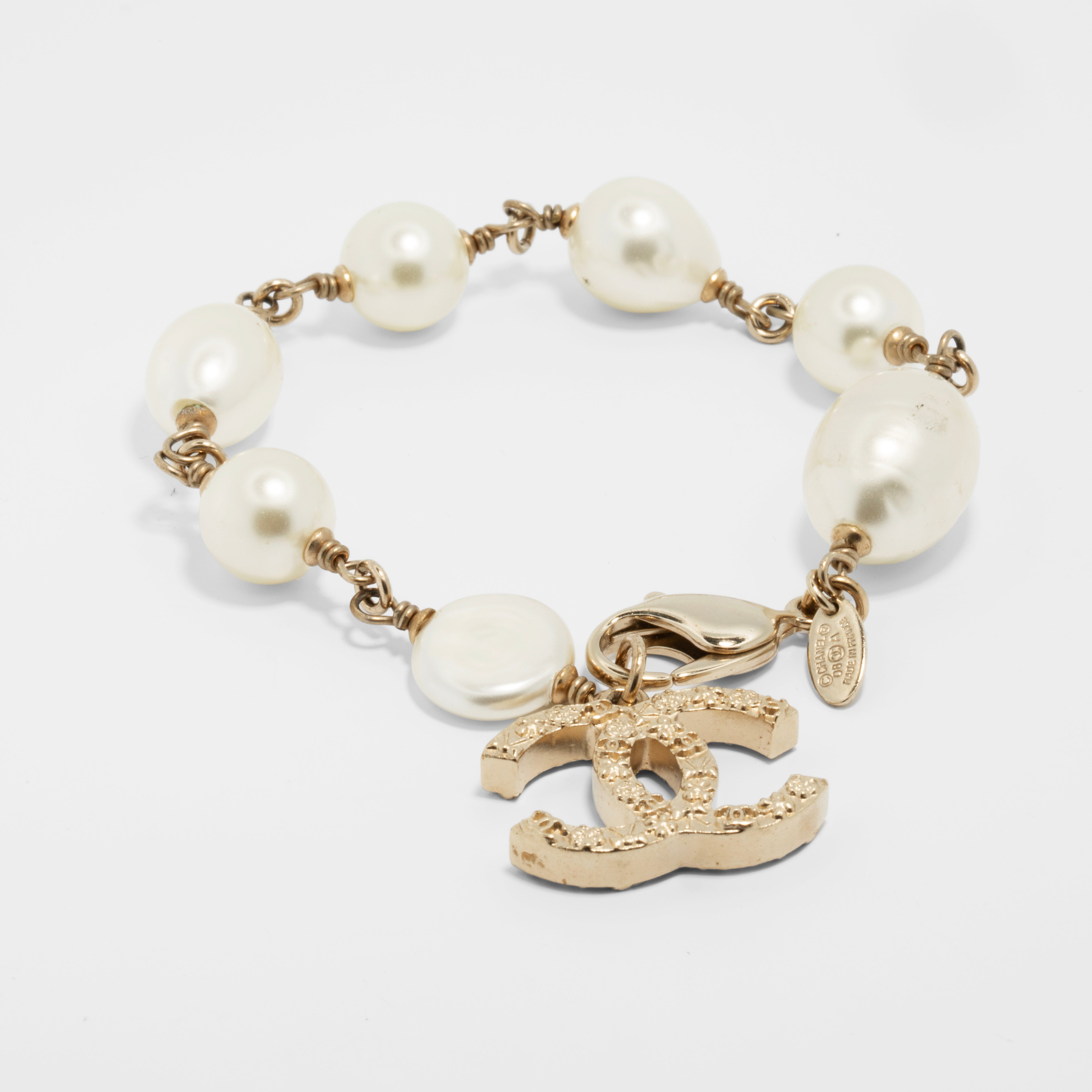 Chanel Faux Pearl Bracelet with Gold Tone CC Charm