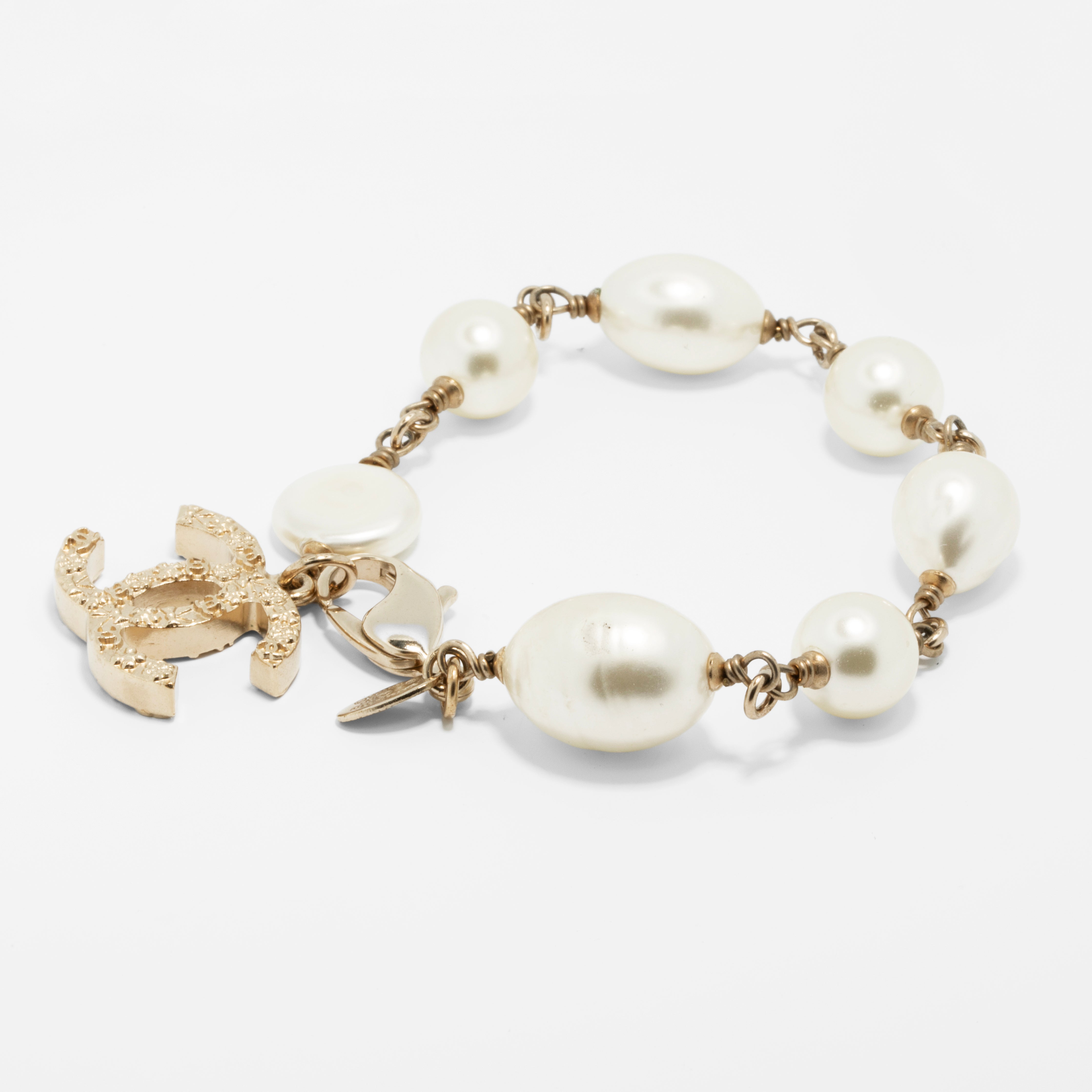 Chanel Faux Pearl Bracelet with Gold Tone CC Charm