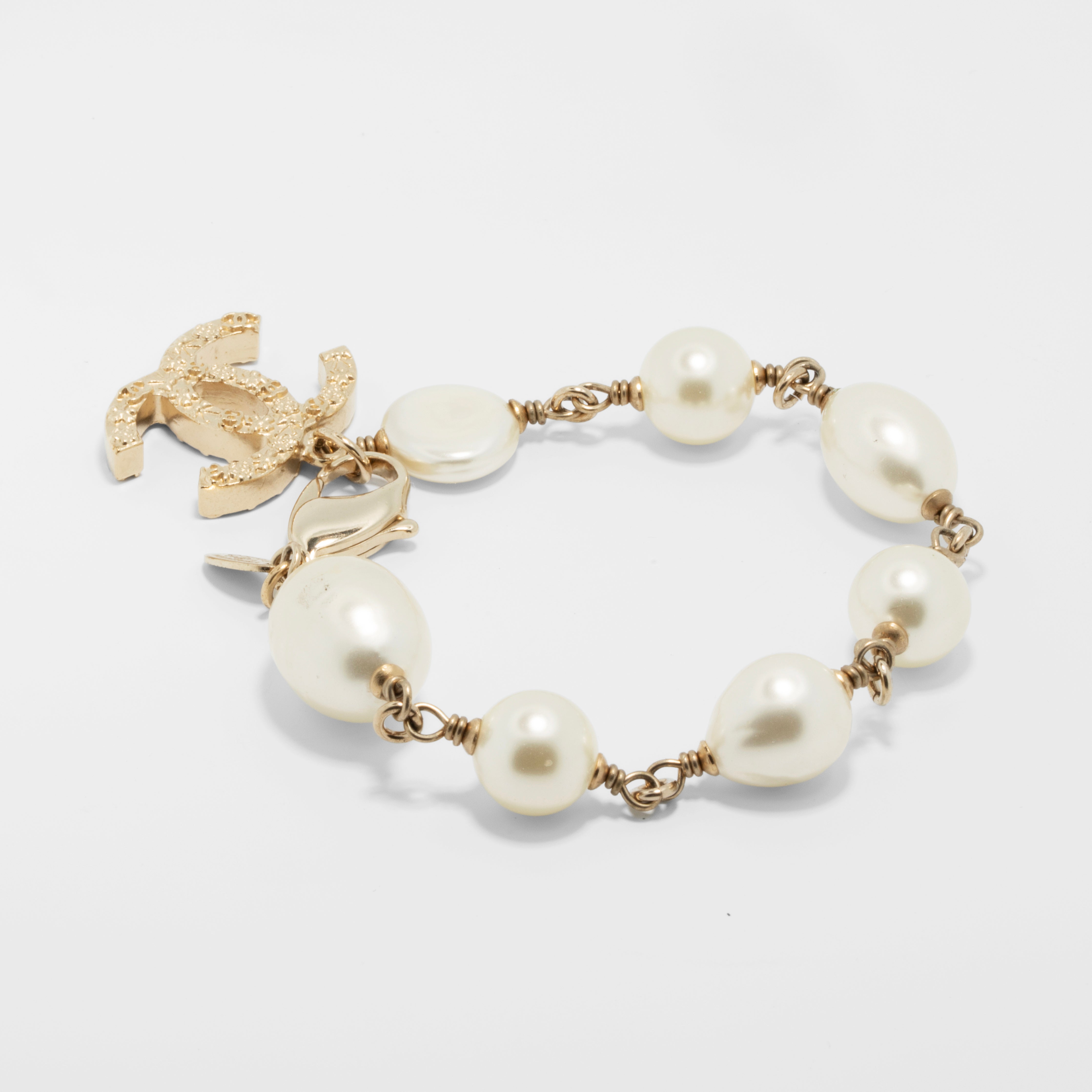 Chanel Faux Pearl Bracelet with Gold Tone CC Charm