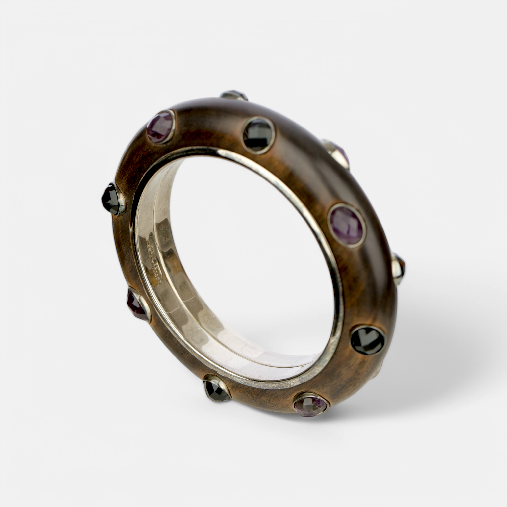 Bottega Veneta Wood and Sterling Silver Bangle with Faceted Gemstone Inlays