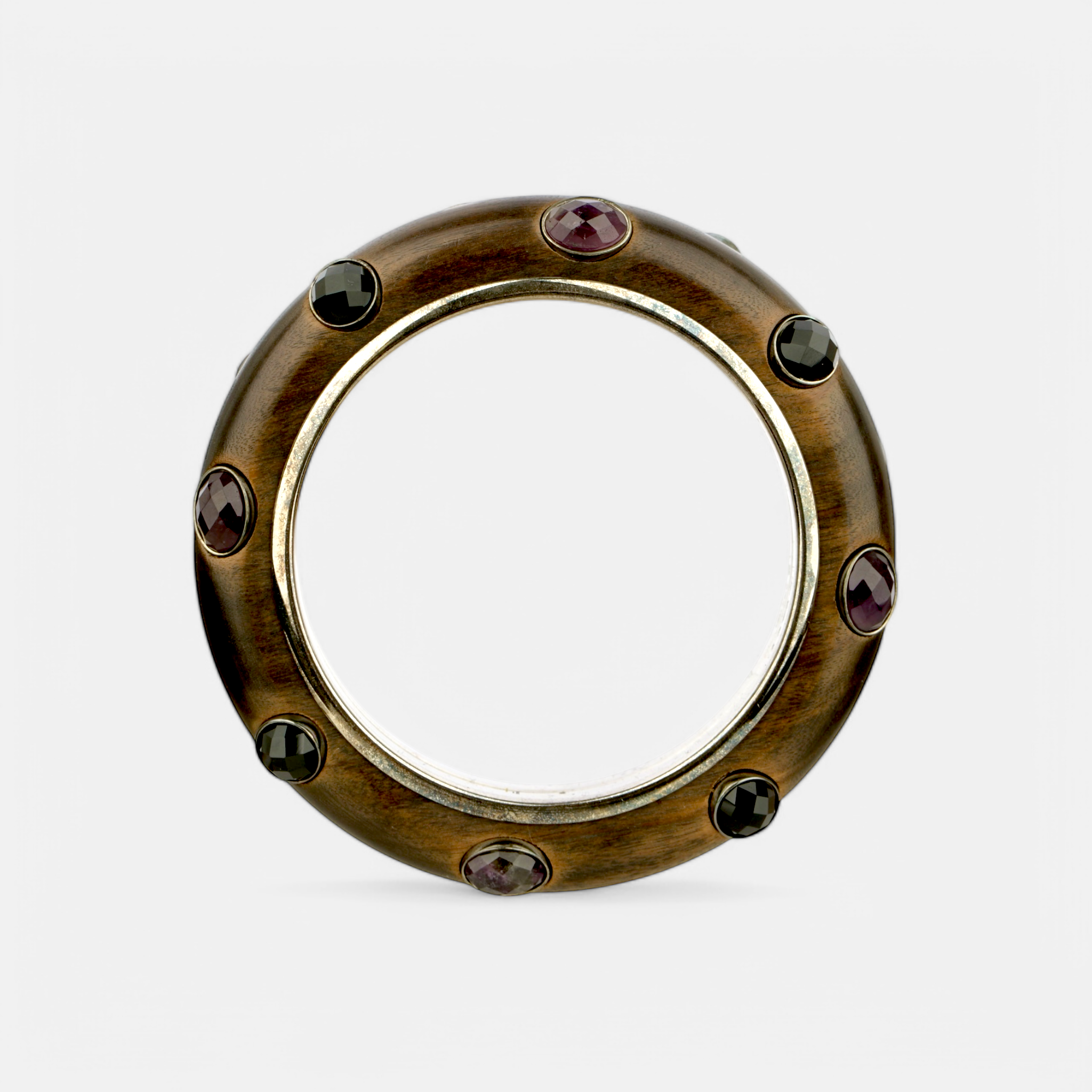 Bottega Veneta Wood and Sterling Silver Bangle with Faceted Gemstone Inlays