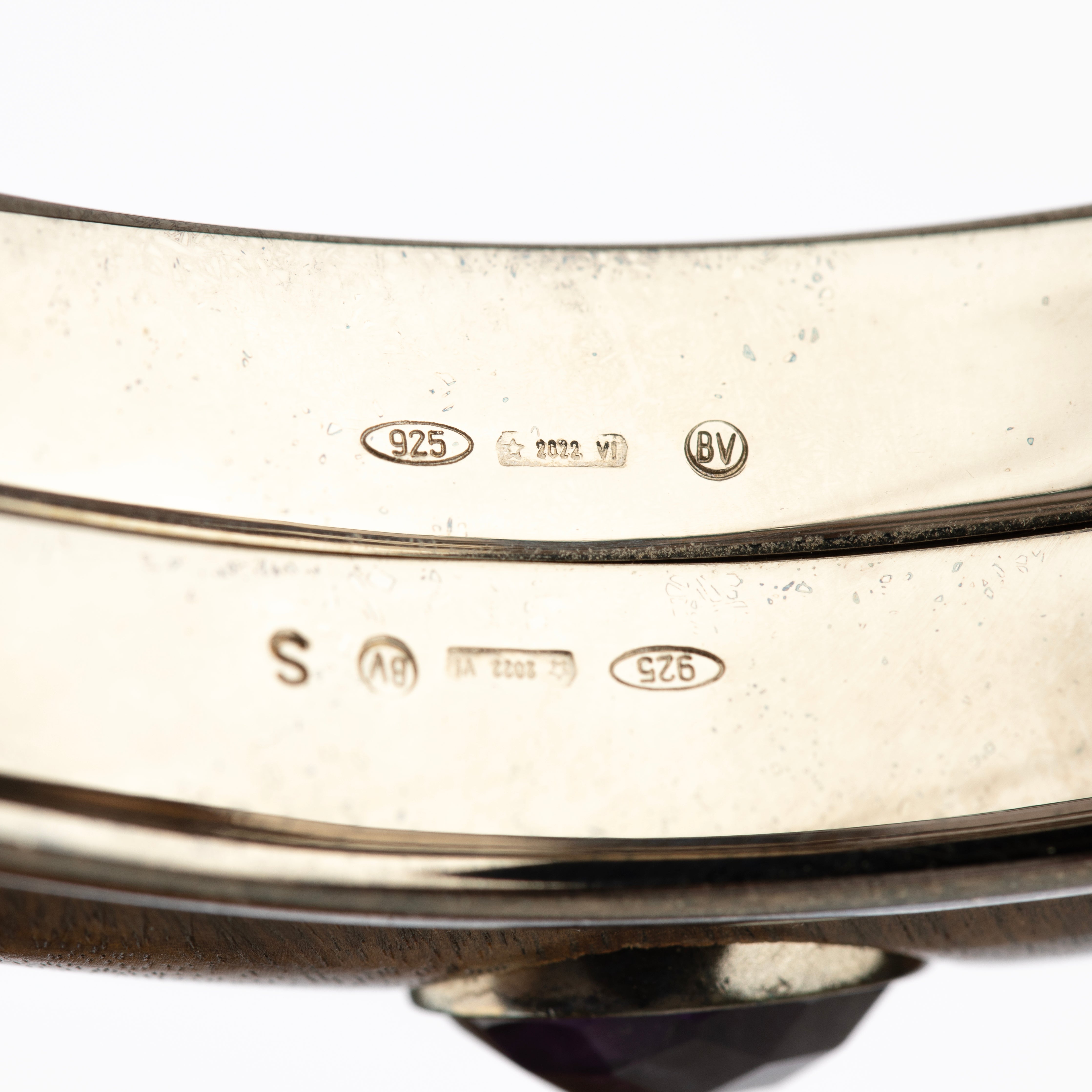 Bottega Veneta Wood and Sterling Silver Bangle with Faceted Gemstone Inlays