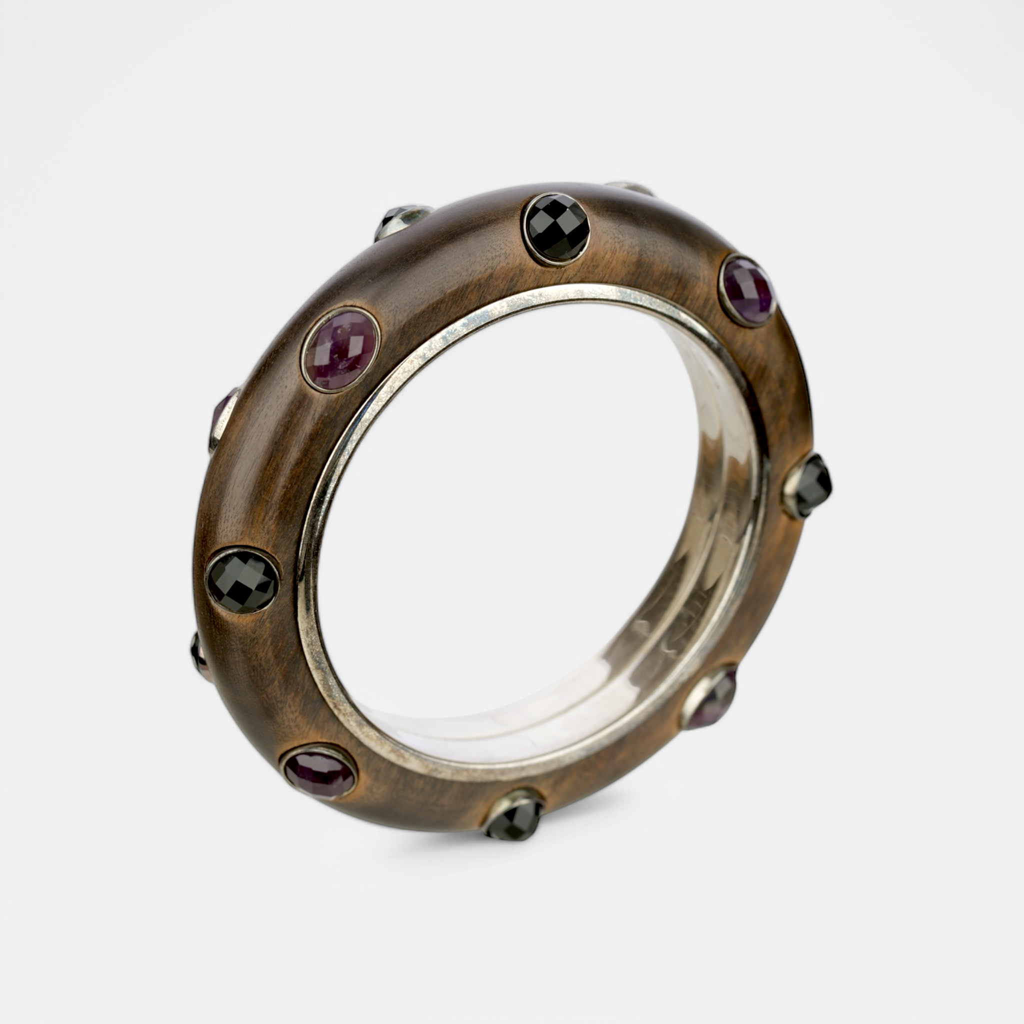 Bottega Veneta Wood and Sterling Silver Bangle with Faceted Gemstone Inlays