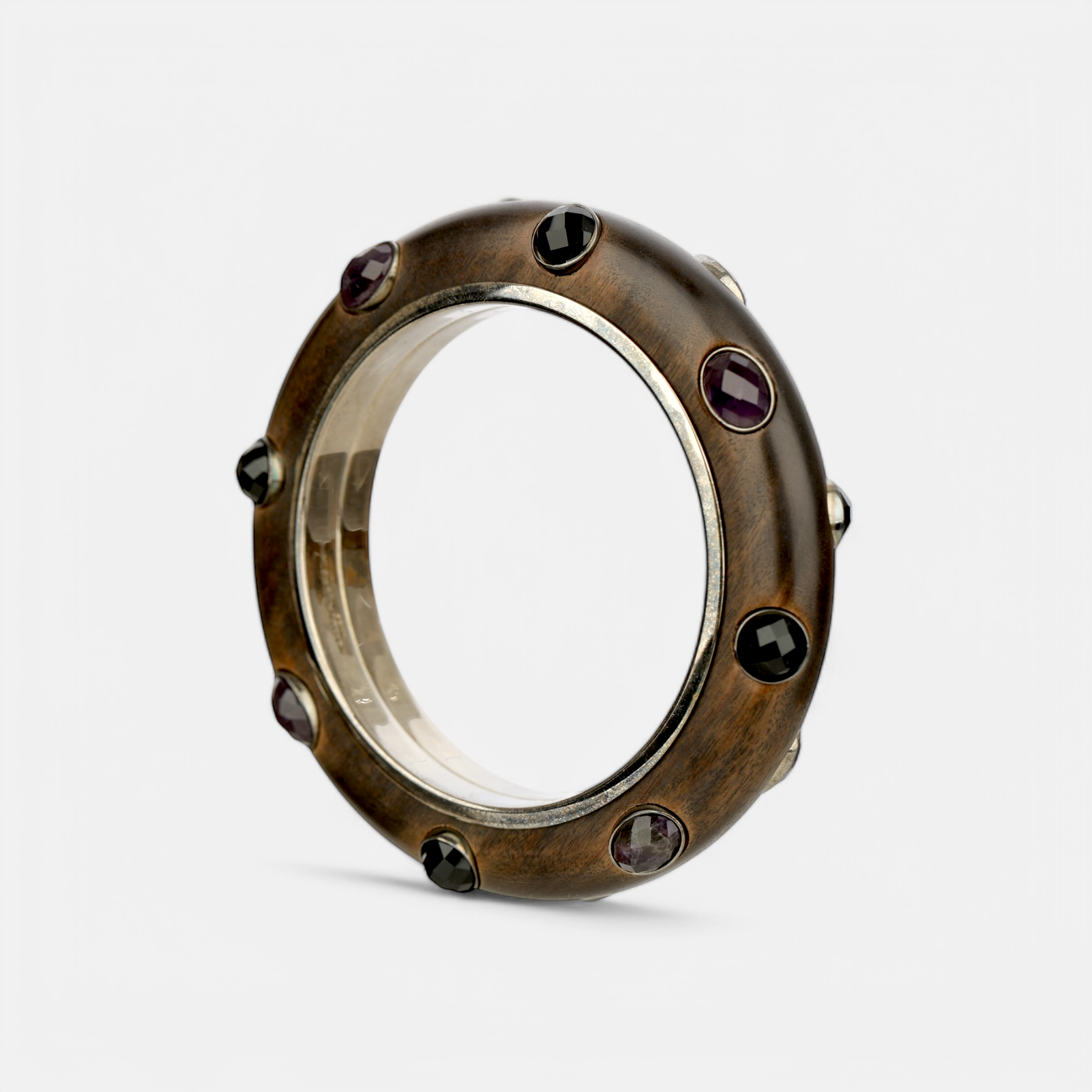 Bottega Veneta Wood and Sterling Silver Bangle with Faceted Gemstone Inlays