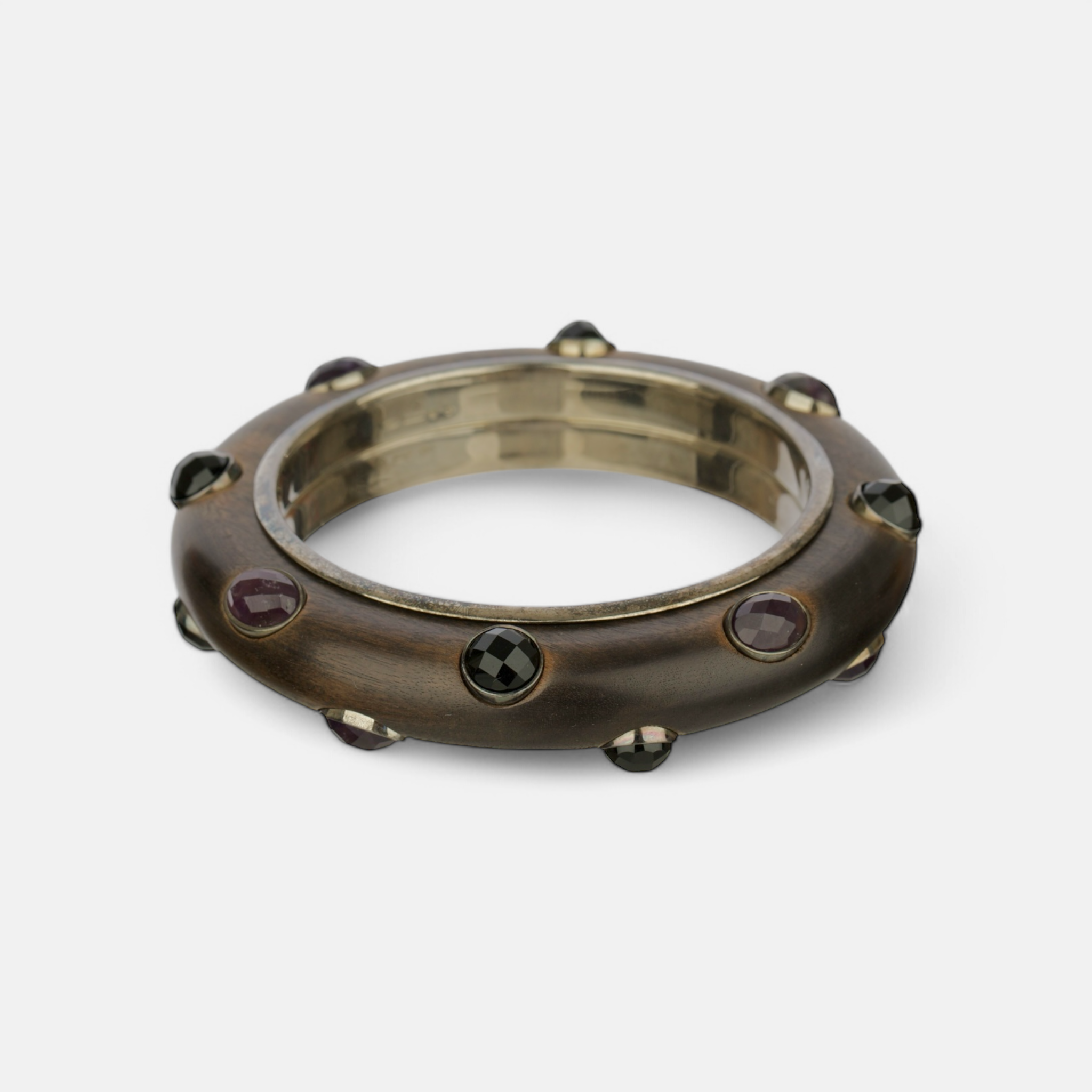 Bottega Veneta Wood and Sterling Silver Bangle with Faceted Gemstone Inlays