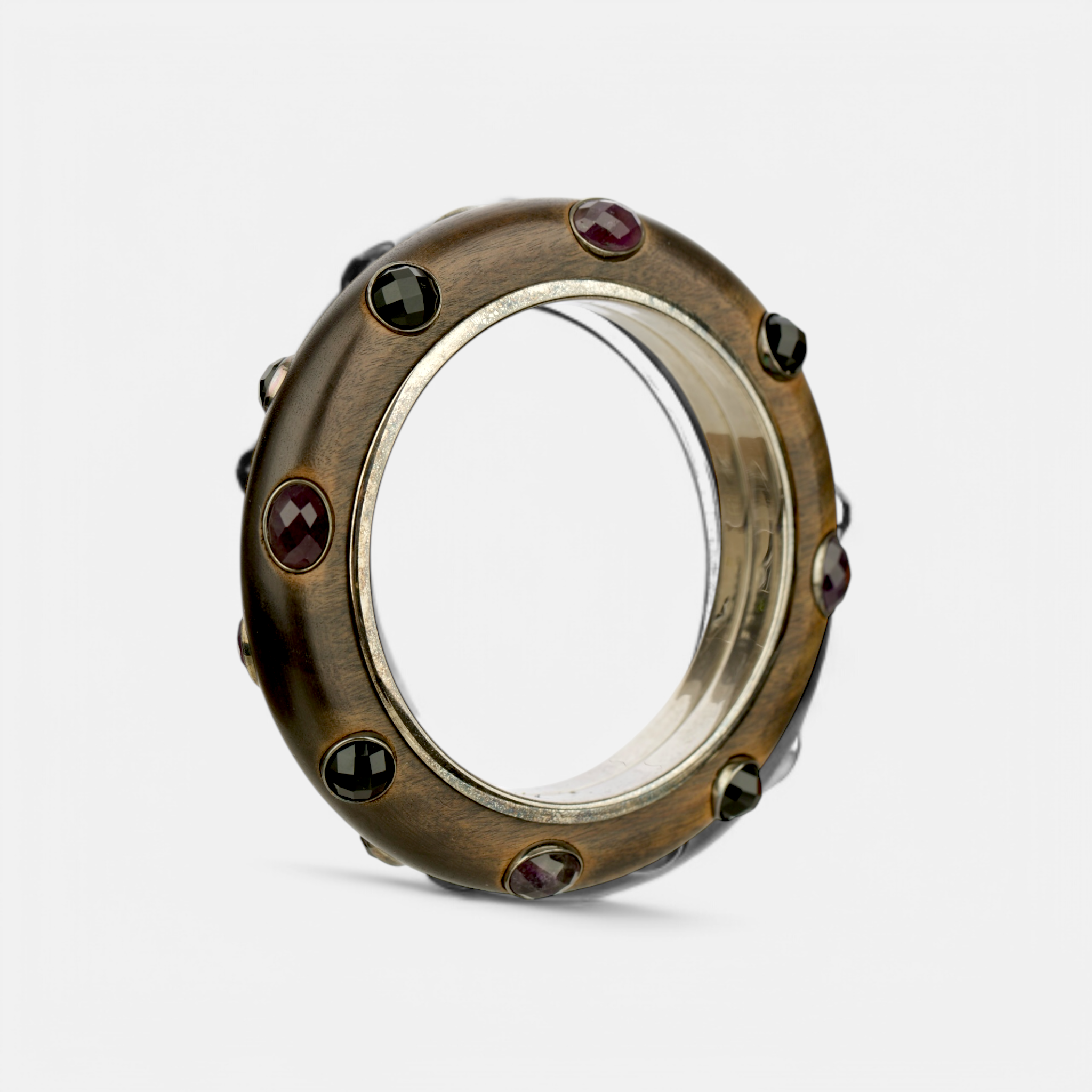 Bottega Veneta Wood and Sterling Silver Bangle with Faceted Gemstone Inlays