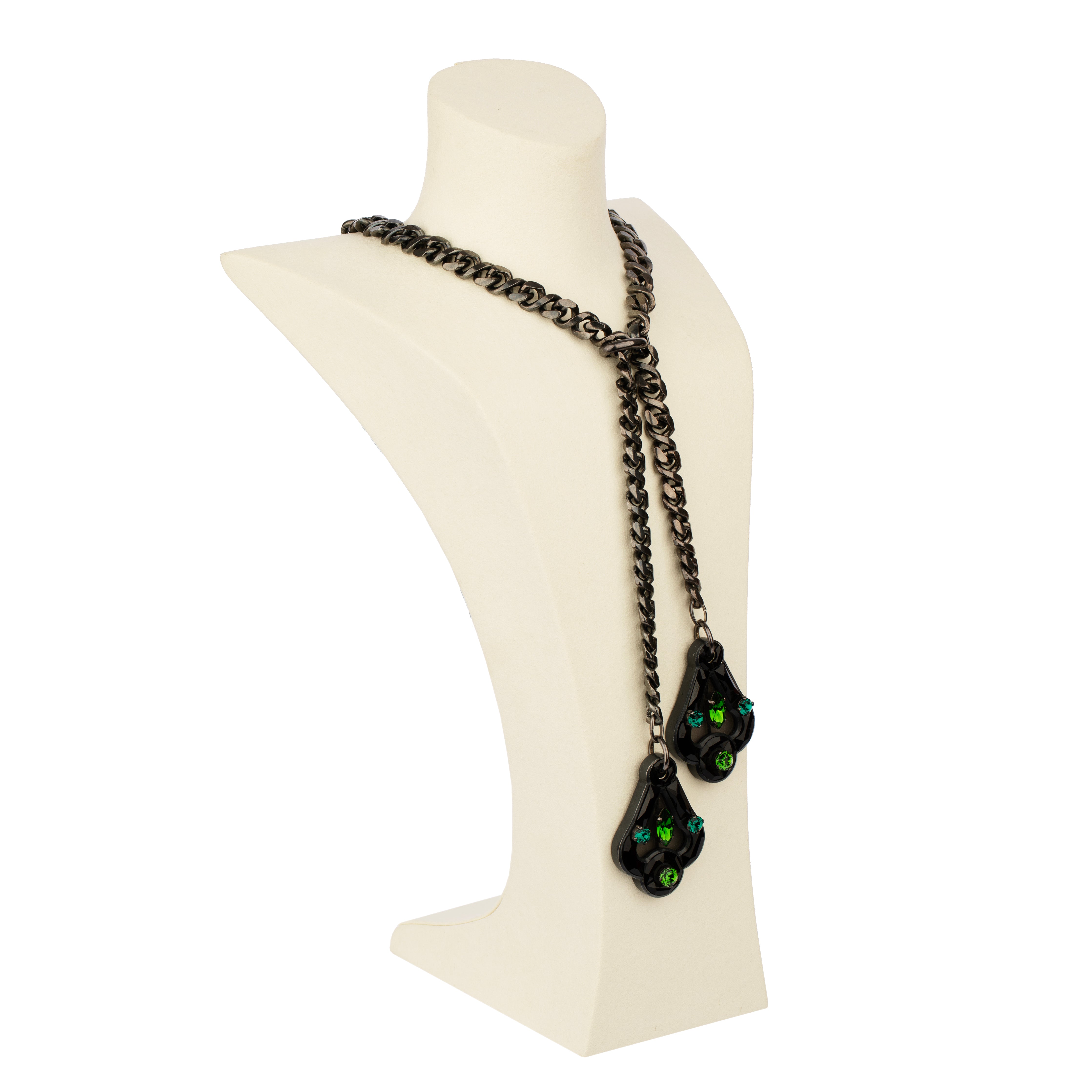 Lanvin Black Anthracite Chain and Green Crystal Lariat Necklace