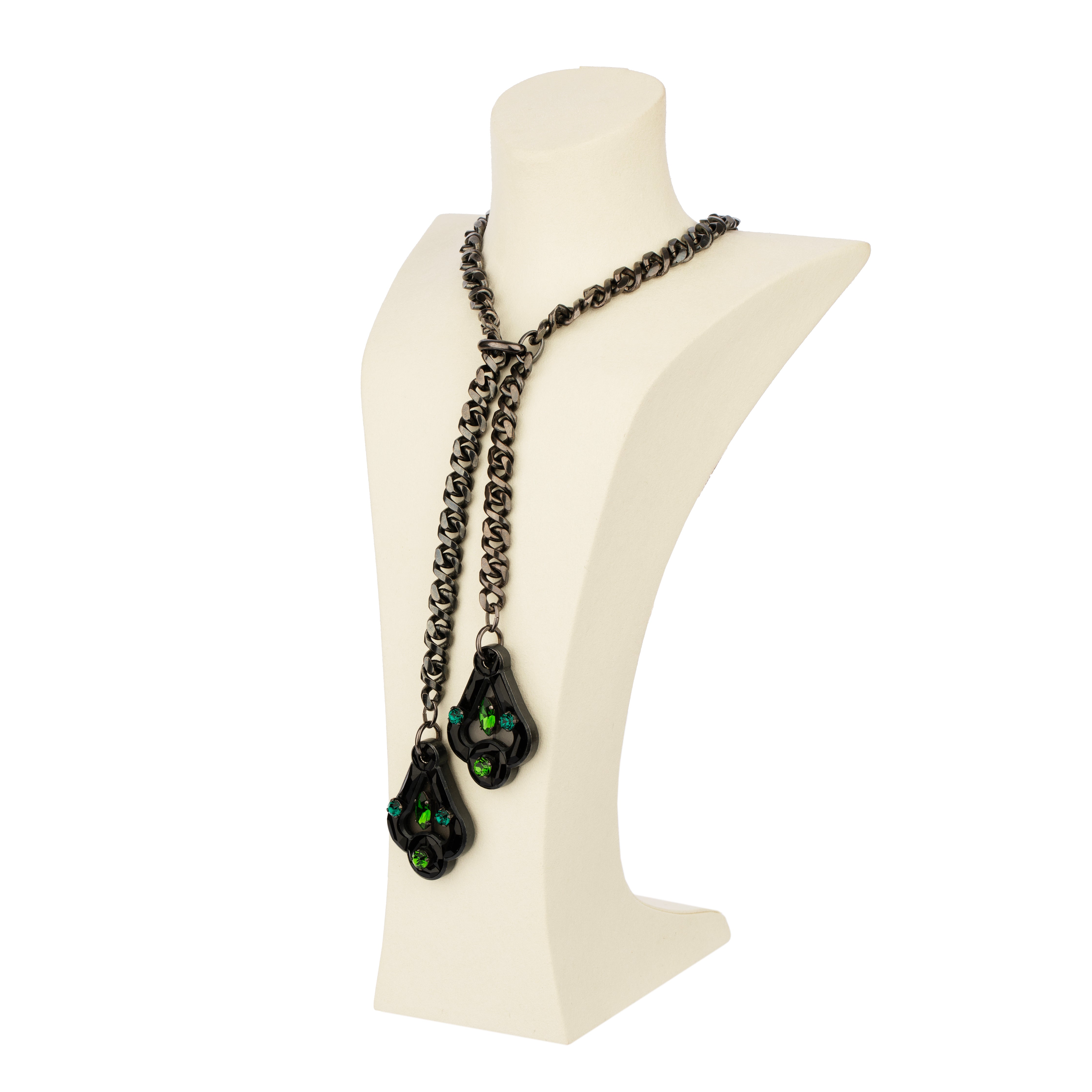 Lanvin Black Anthracite Chain and Green Crystal Lariat Necklace