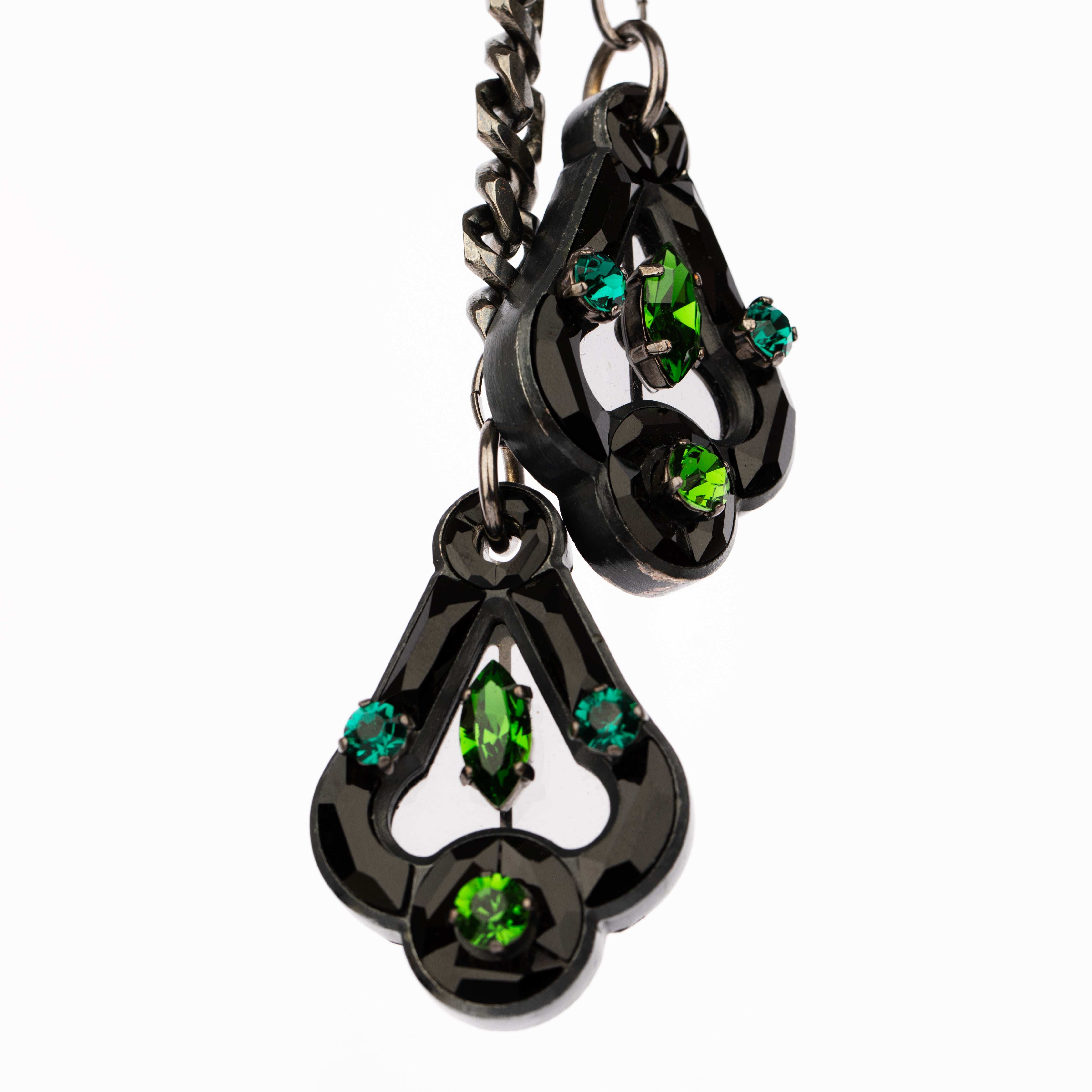 Lanvin Black Anthracite Chain and Green Crystal Lariat Necklace