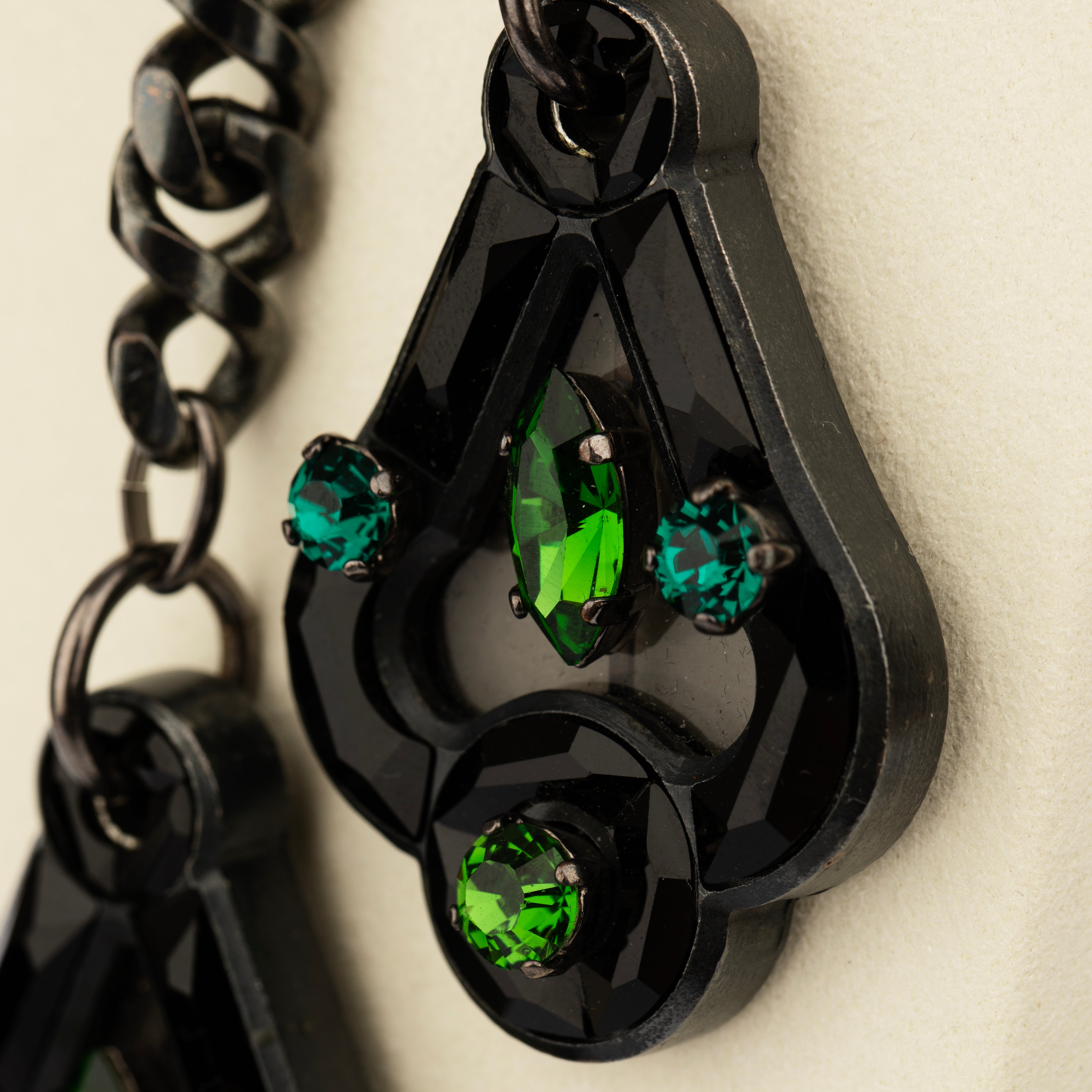 Lanvin Black Anthracite Chain and Green Crystal Lariat Necklace
