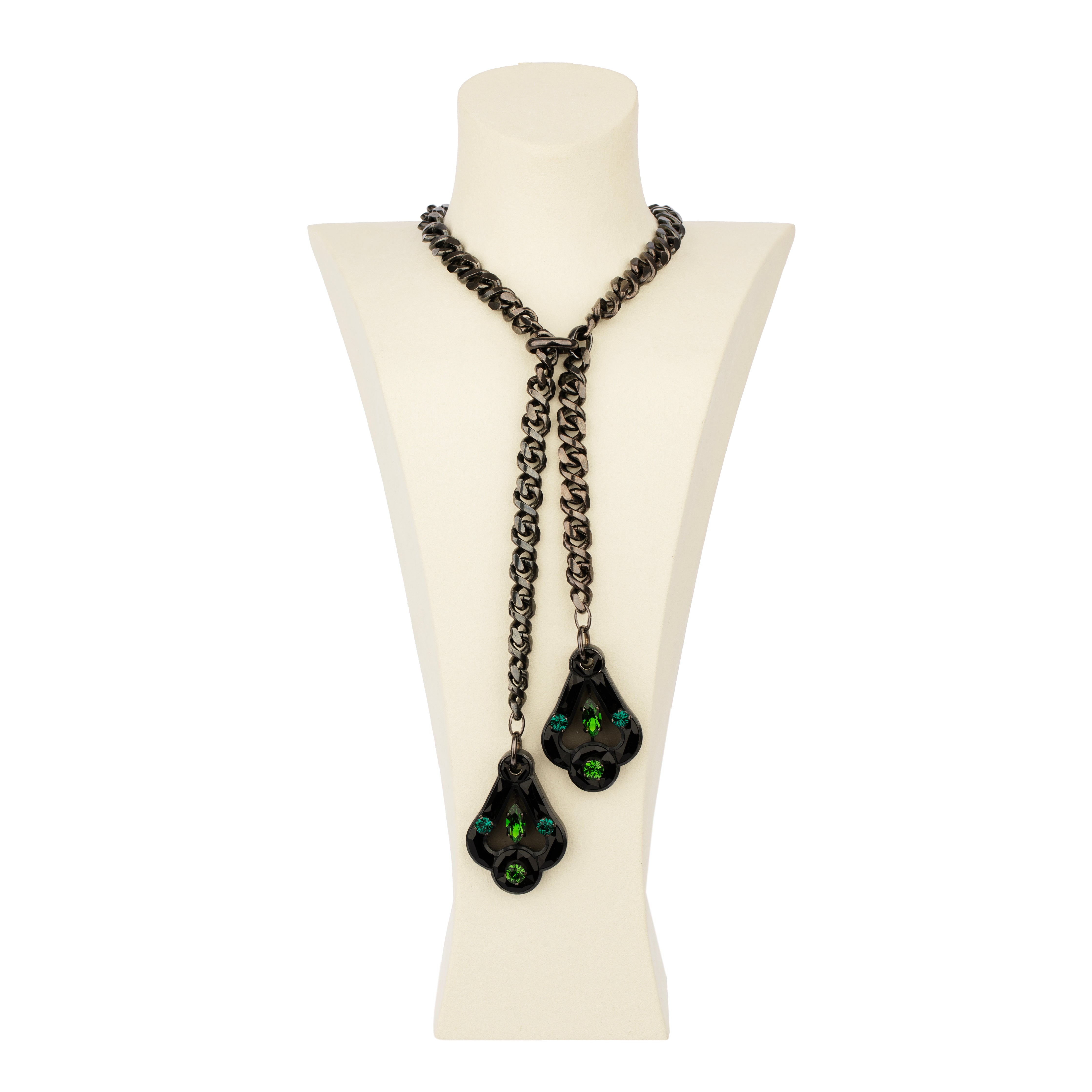 Lanvin Black Anthracite Chain and Green Crystal Lariat Necklace