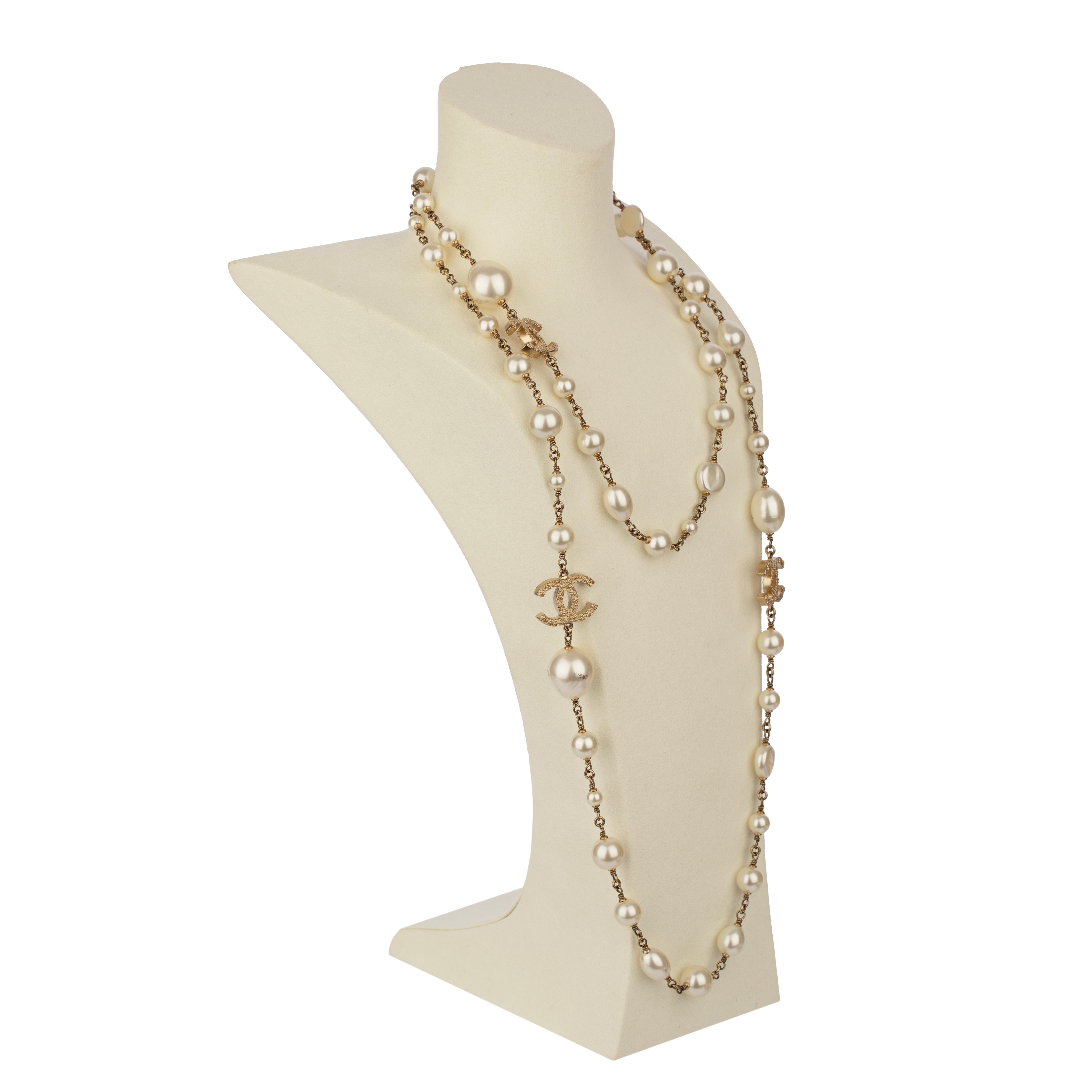 Chanel Faux Pearl 124cm Necklace with Gold Tone CC Charm