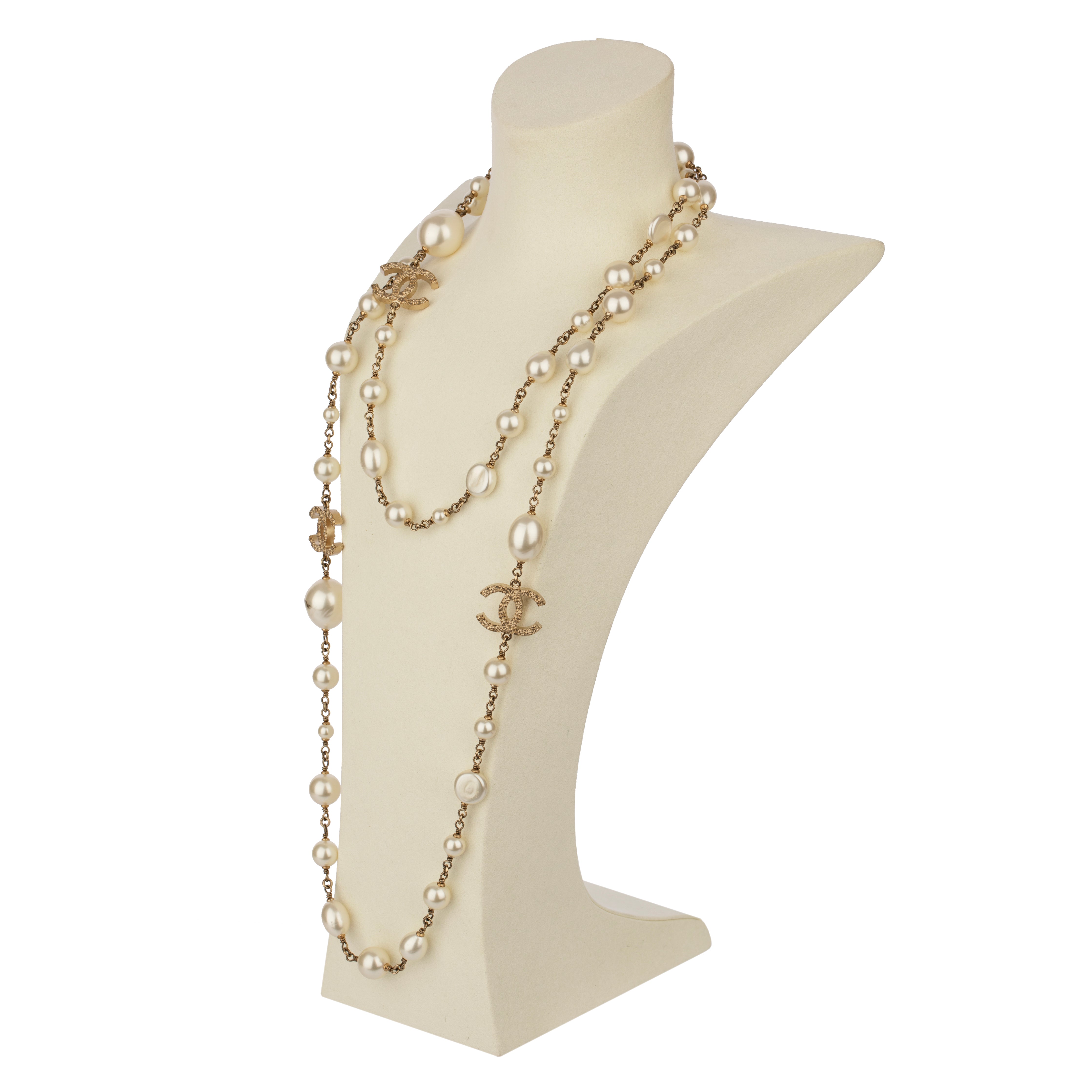 Chanel Faux Pearl 124cm Necklace with Gold Tone CC Charm