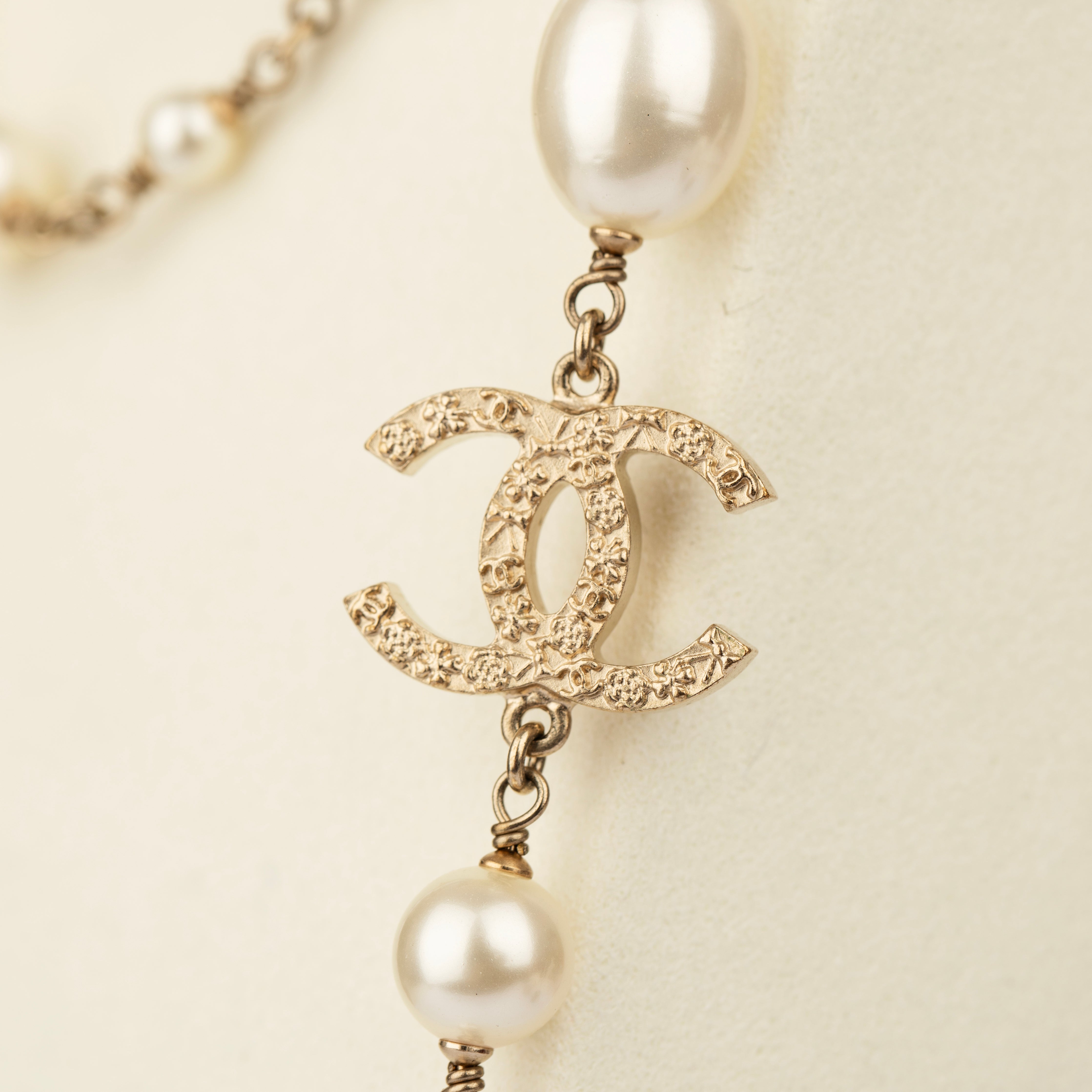 Chanel Faux Pearl 124cm Necklace with Gold Tone CC Charm