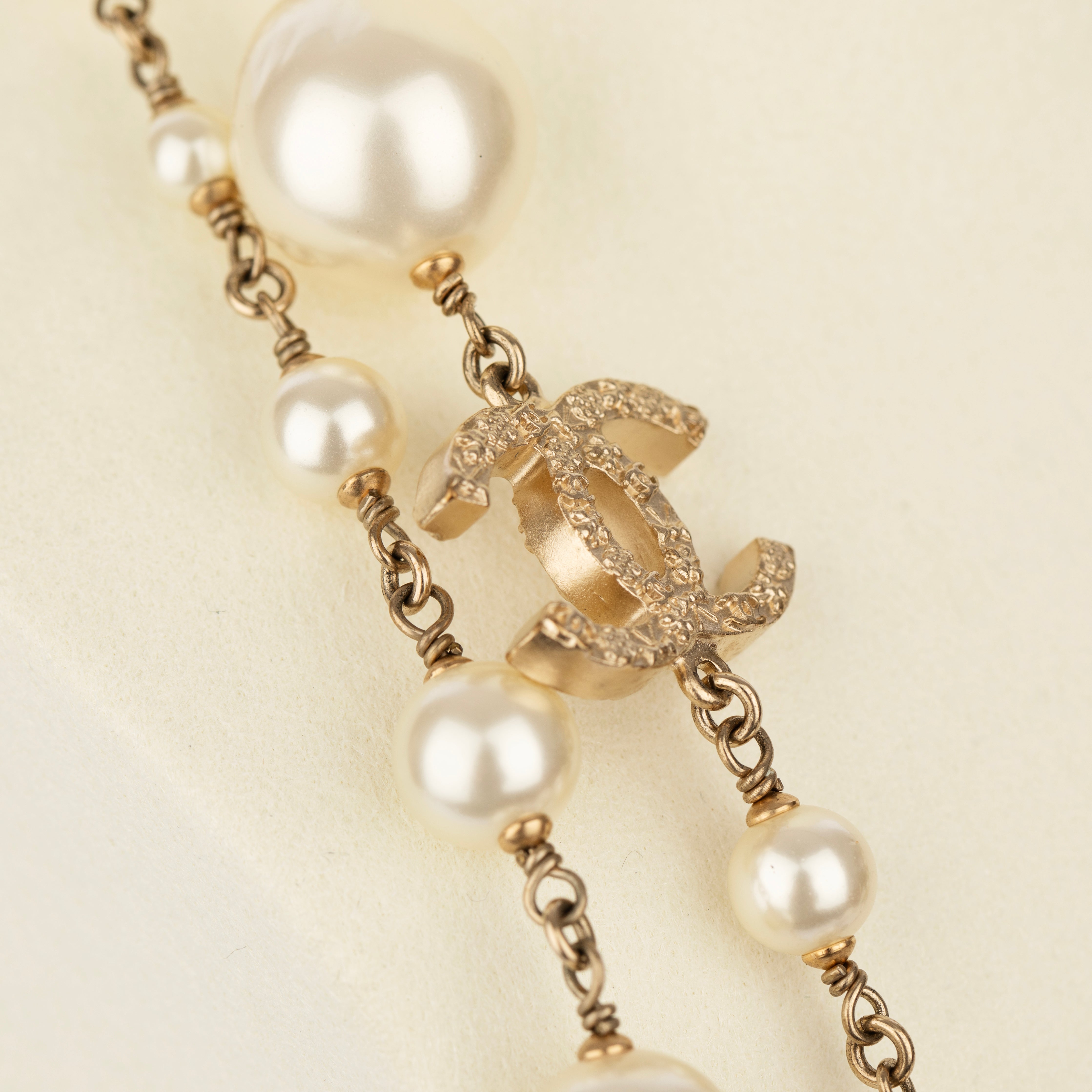 Chanel Faux Pearl 124cm Necklace with Gold Tone CC Charm