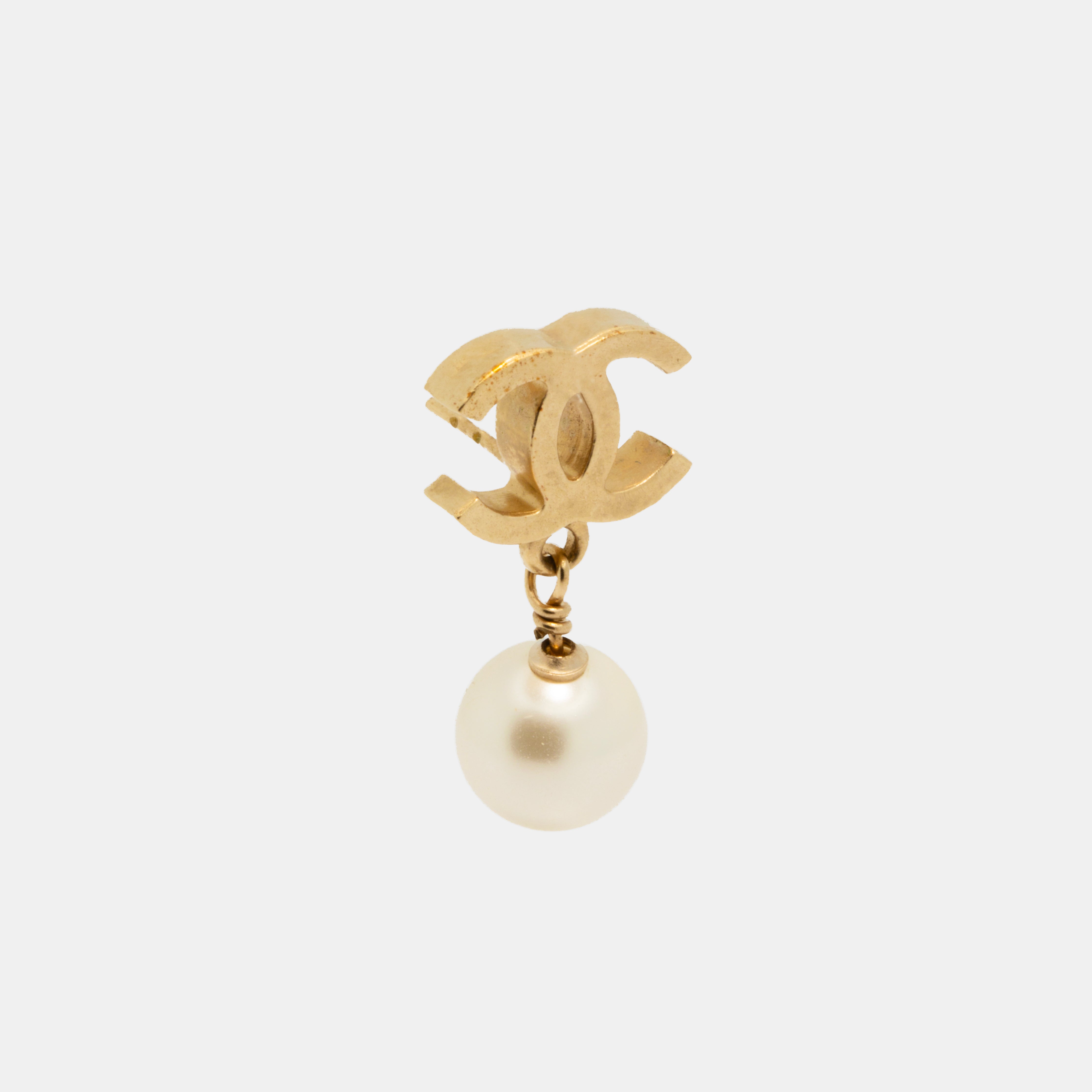 Chanel Faux Pearl Drop Earrings with Gold Tone CC Logo