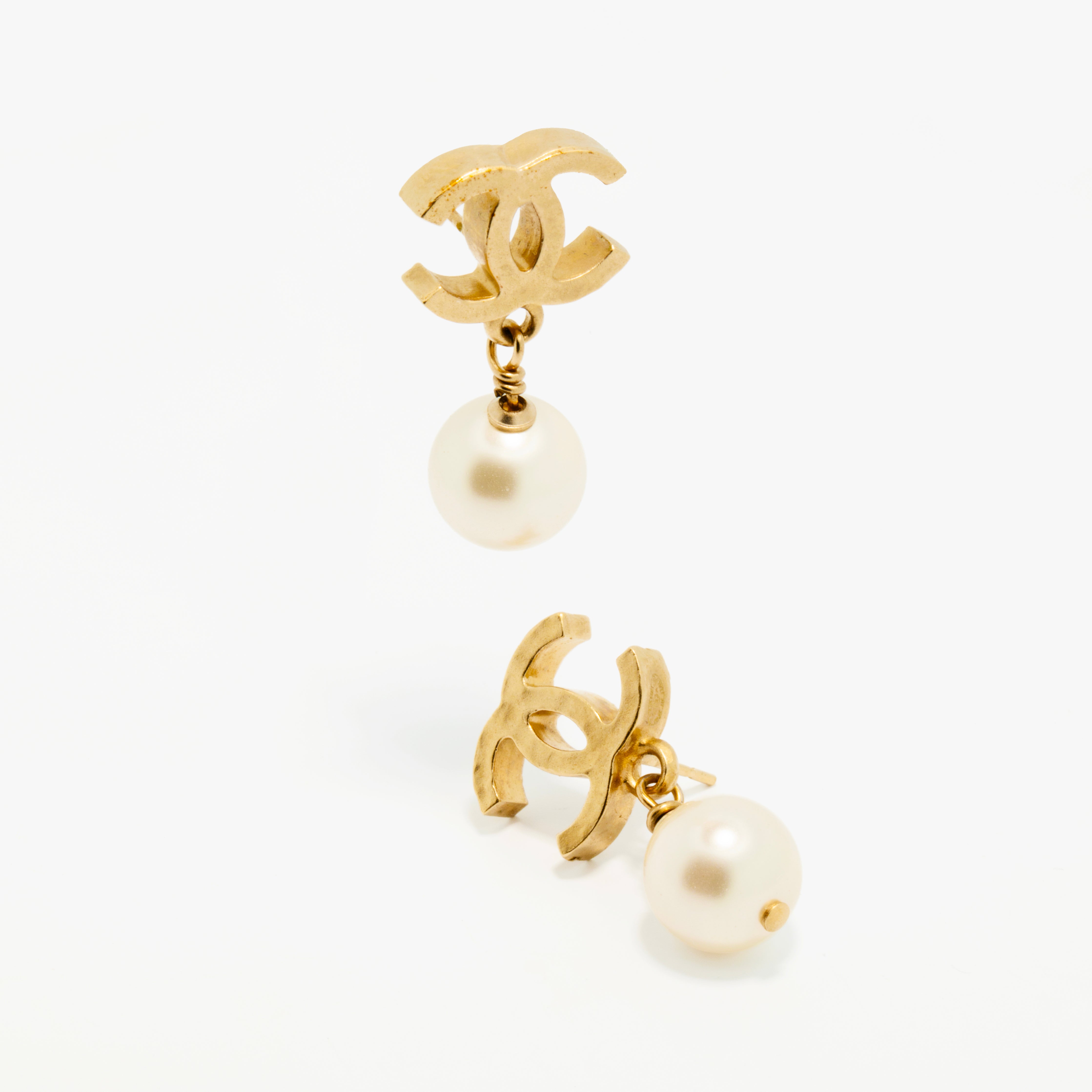 Chanel Faux Pearl Drop Earrings with Gold Tone CC Logo