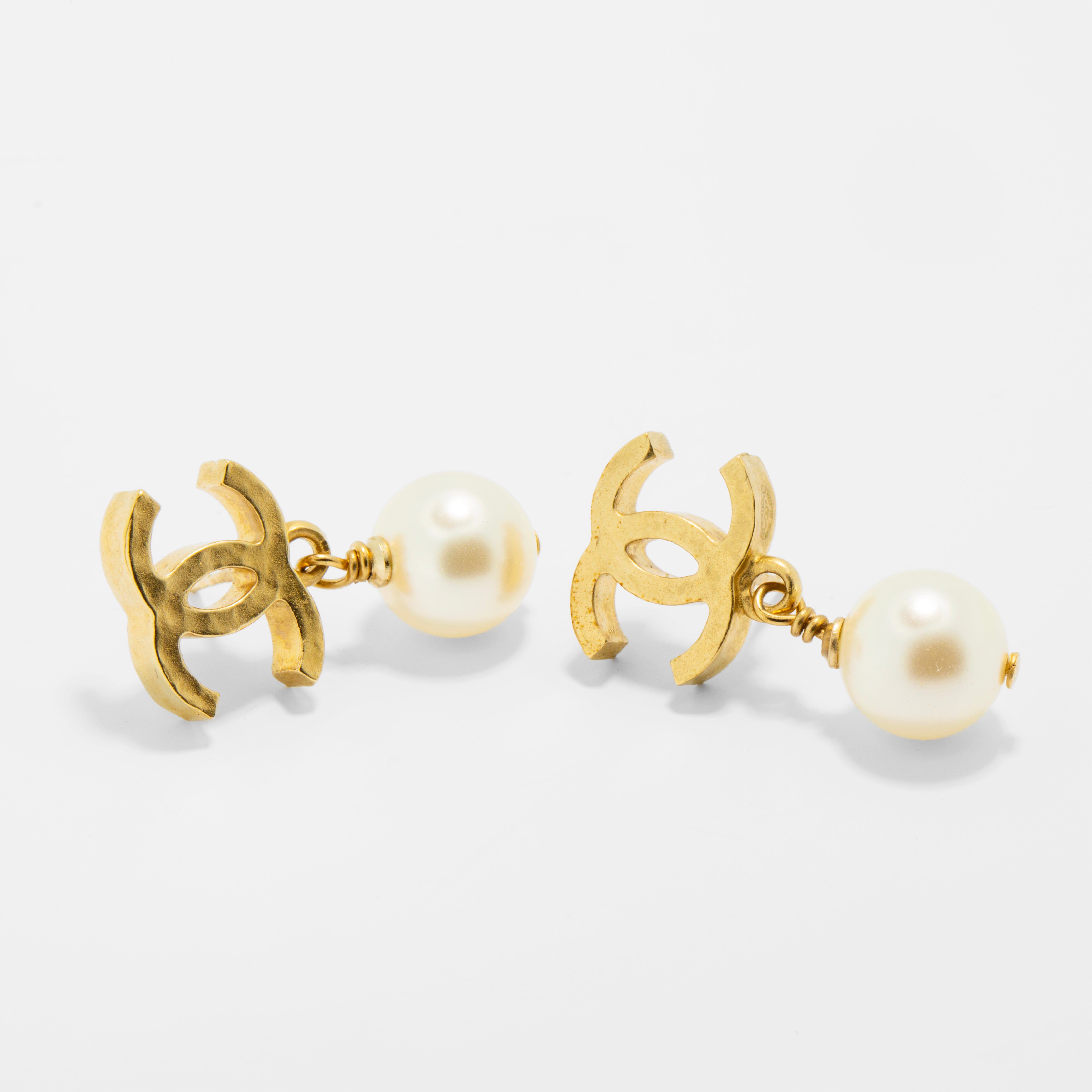 Chanel Faux Pearl Drop Earrings with Gold Tone CC Logo