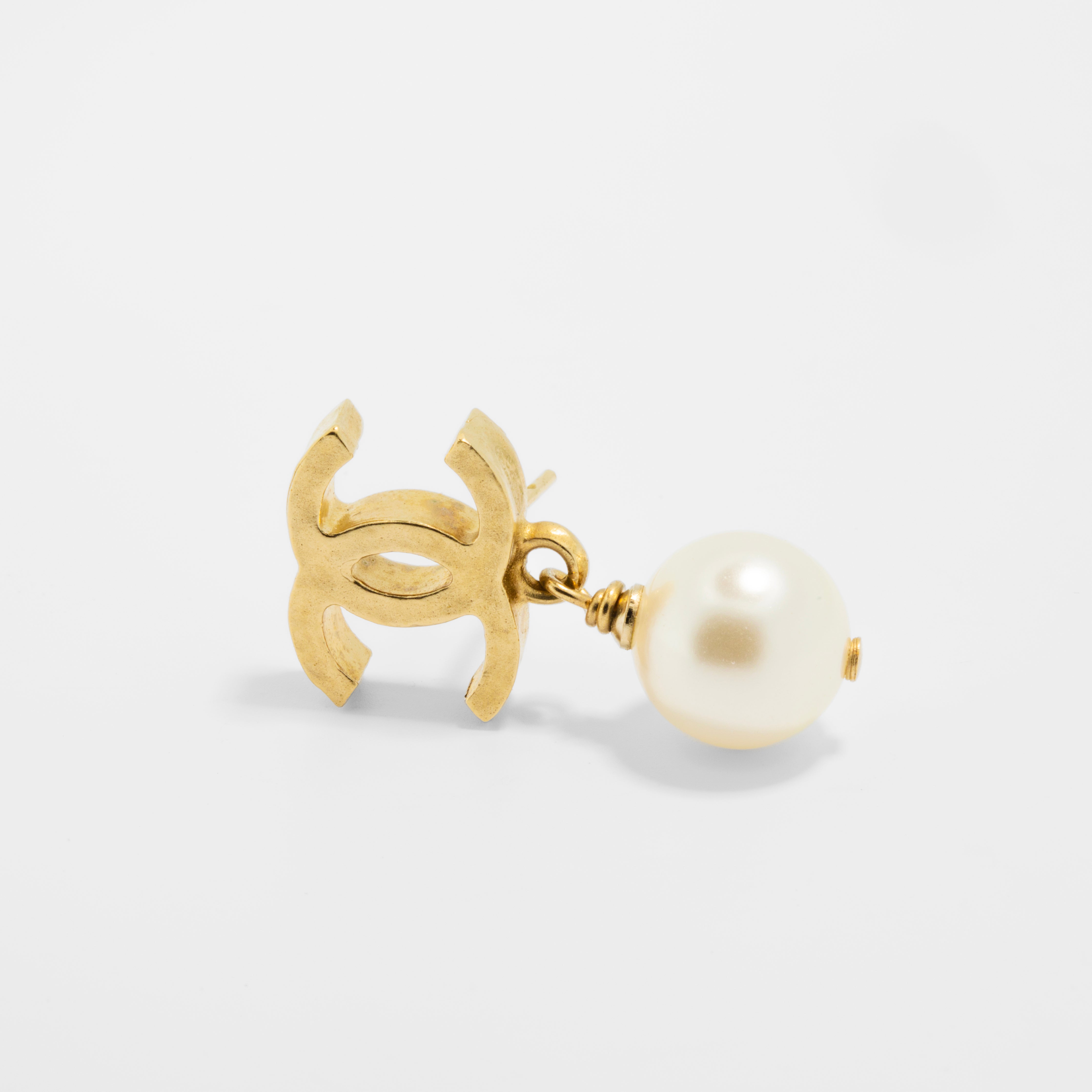 Chanel Faux Pearl Drop Earrings with Gold Tone CC Logo