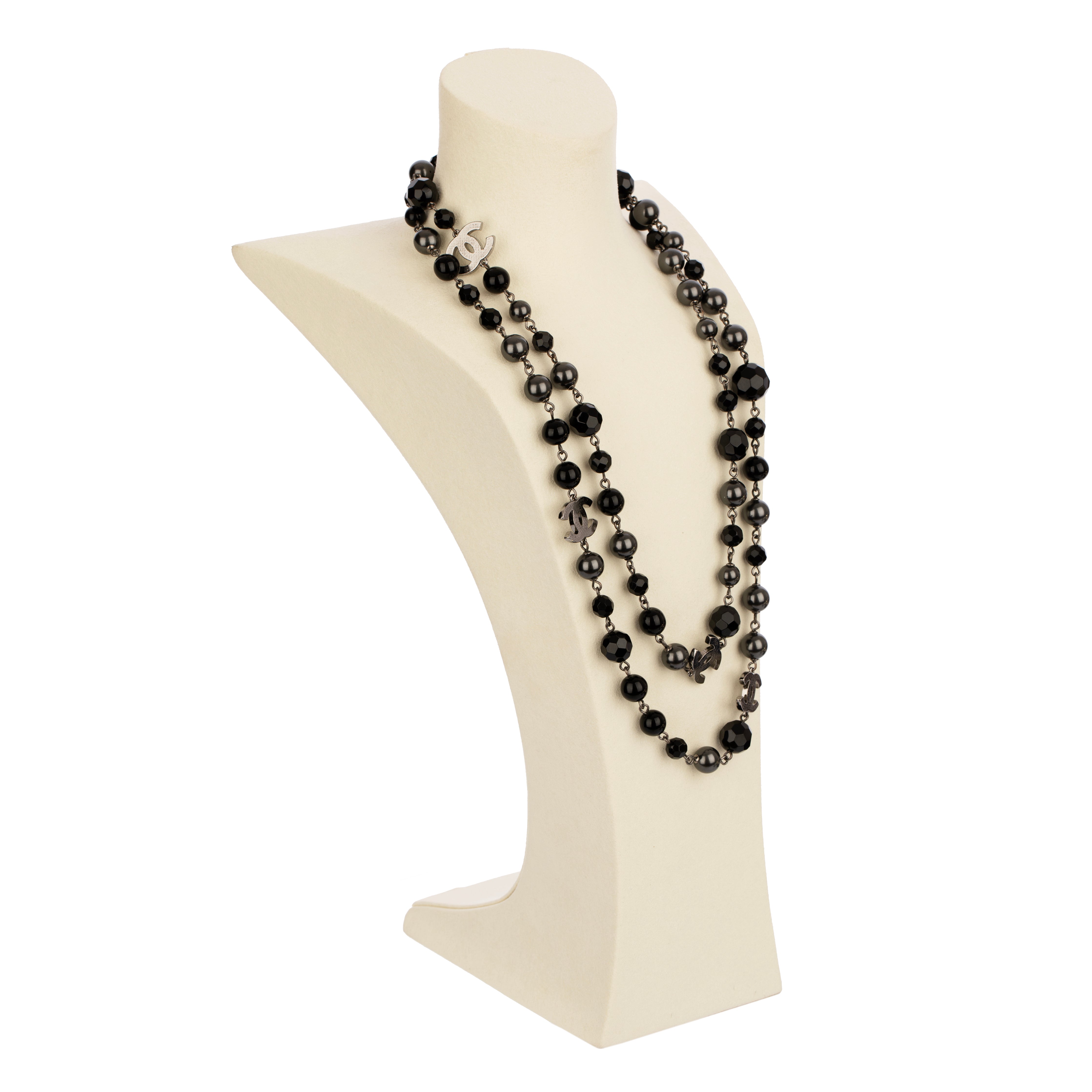 Chanel Black Faux Pearl and Crystal 116cm Necklace with Aged Silver Tone Hardware